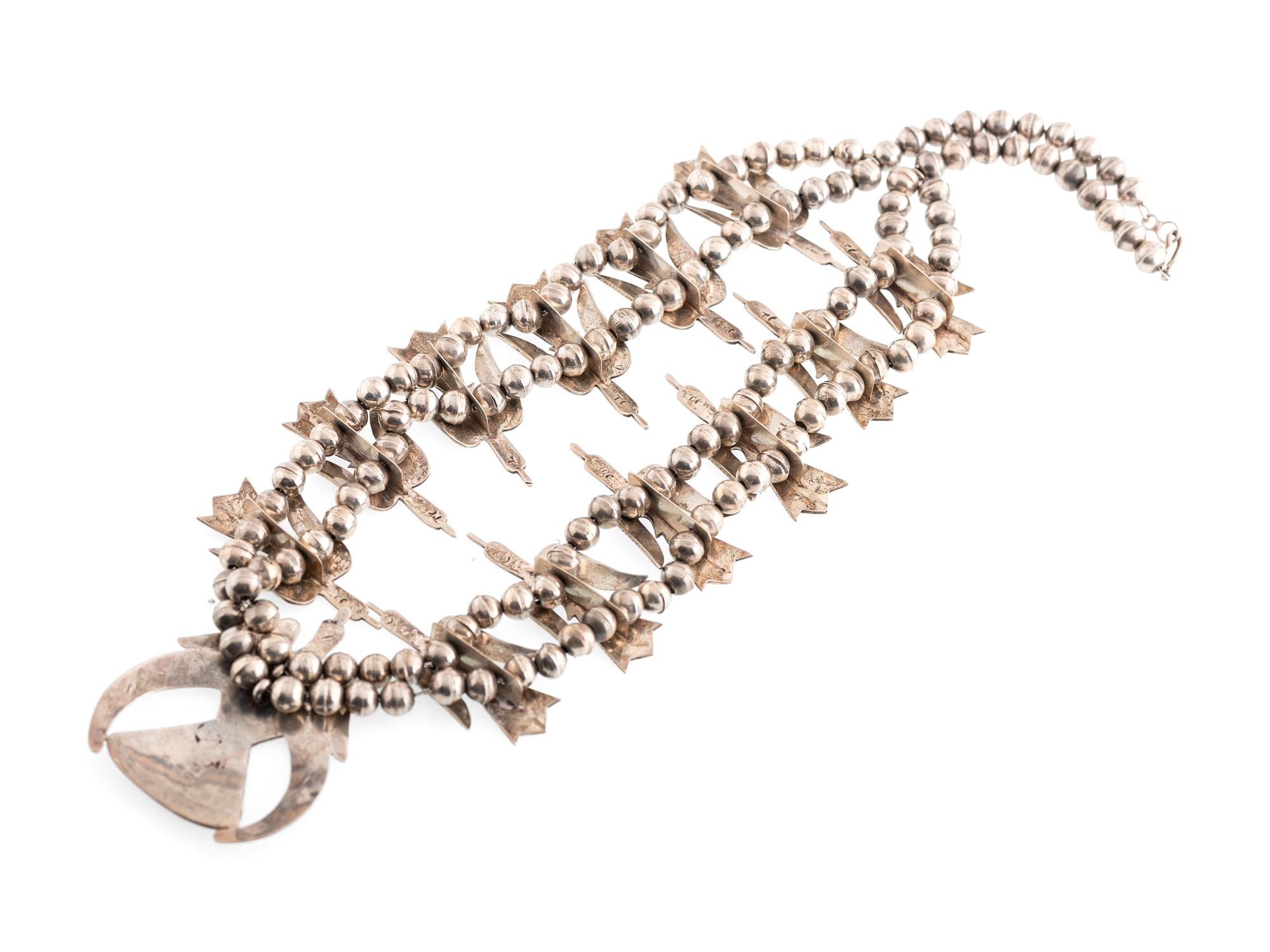 Navajo Silver Peyote Bird Squash Blossom Necklace, with Coral and Turquoise Chip Inlay