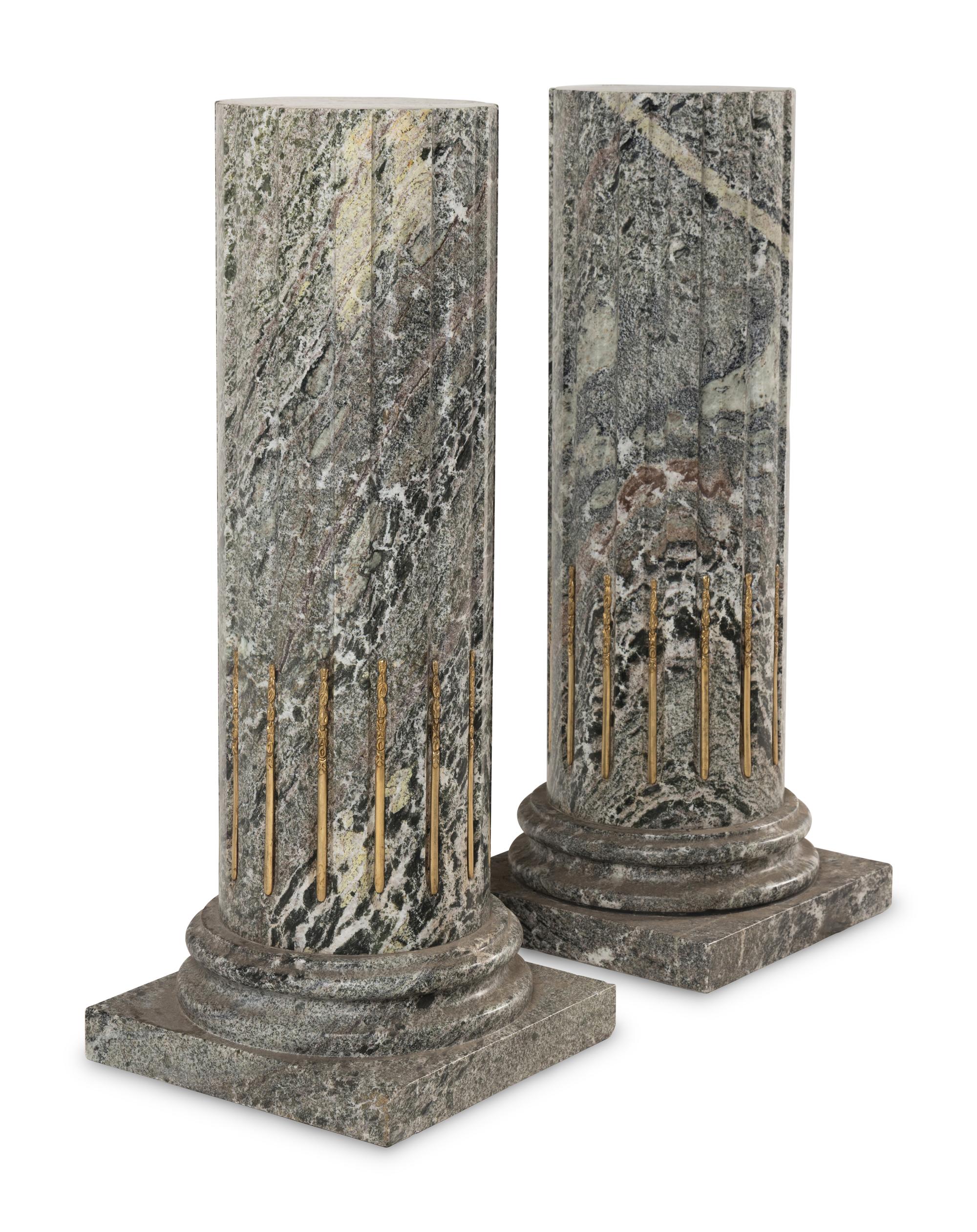 A Pair of Neoclassical Style Gilt Bronze Mounted Marble Pedestals