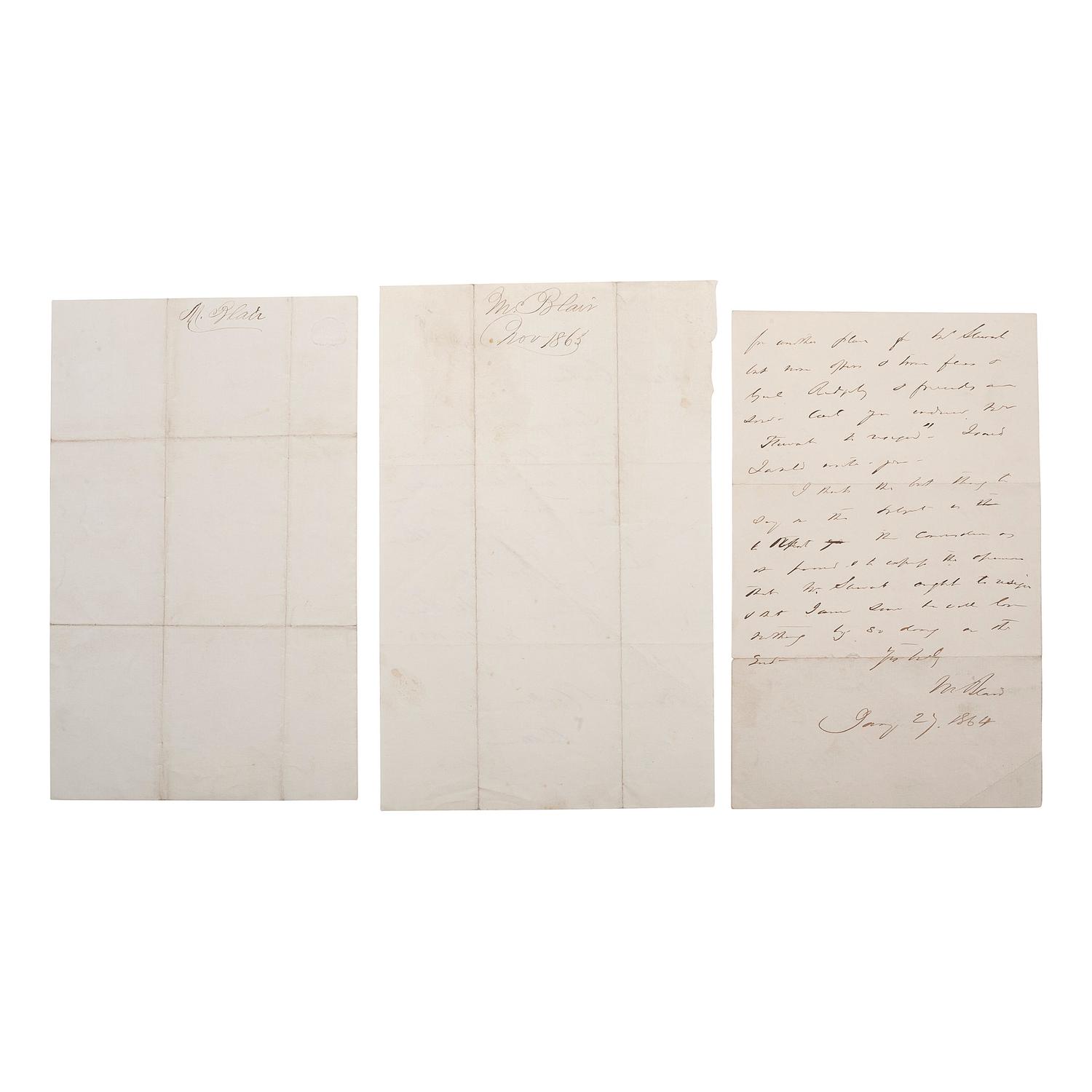 BLAIR, Montgomery (1813-1883) and CORKRAN, Francis S. (1816-1886). A group of 7 documents related to Montgomery Blair, Francis Corkran, and political patronage during the Lincoln Administration, comprising:
