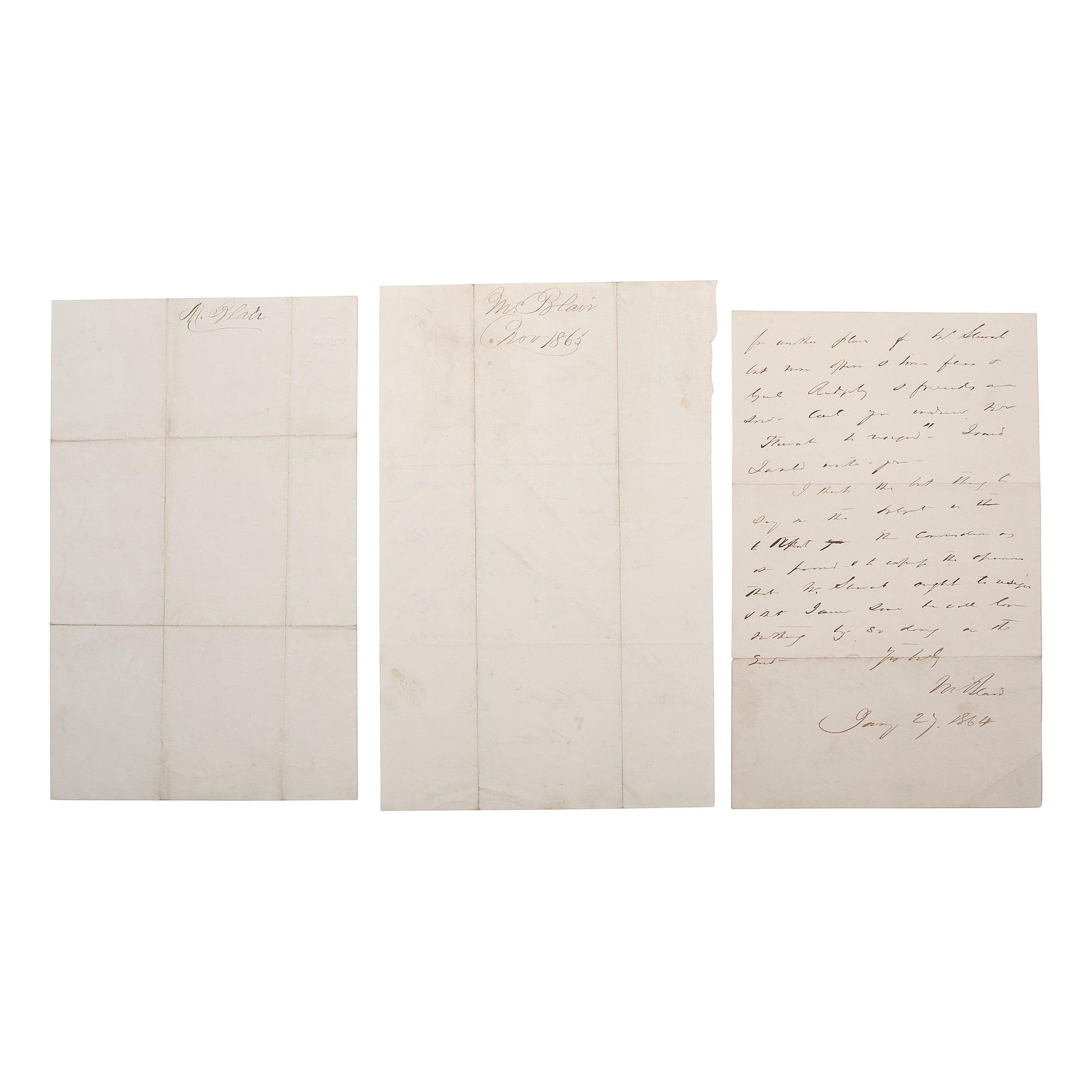 BLAIR, Montgomery (1813-1883) and CORKRAN, Francis S. (1816-1886). A group of 7 documents related to Montgomery Blair, Francis Corkran, and political patronage during the Lincoln Administration, comprising: