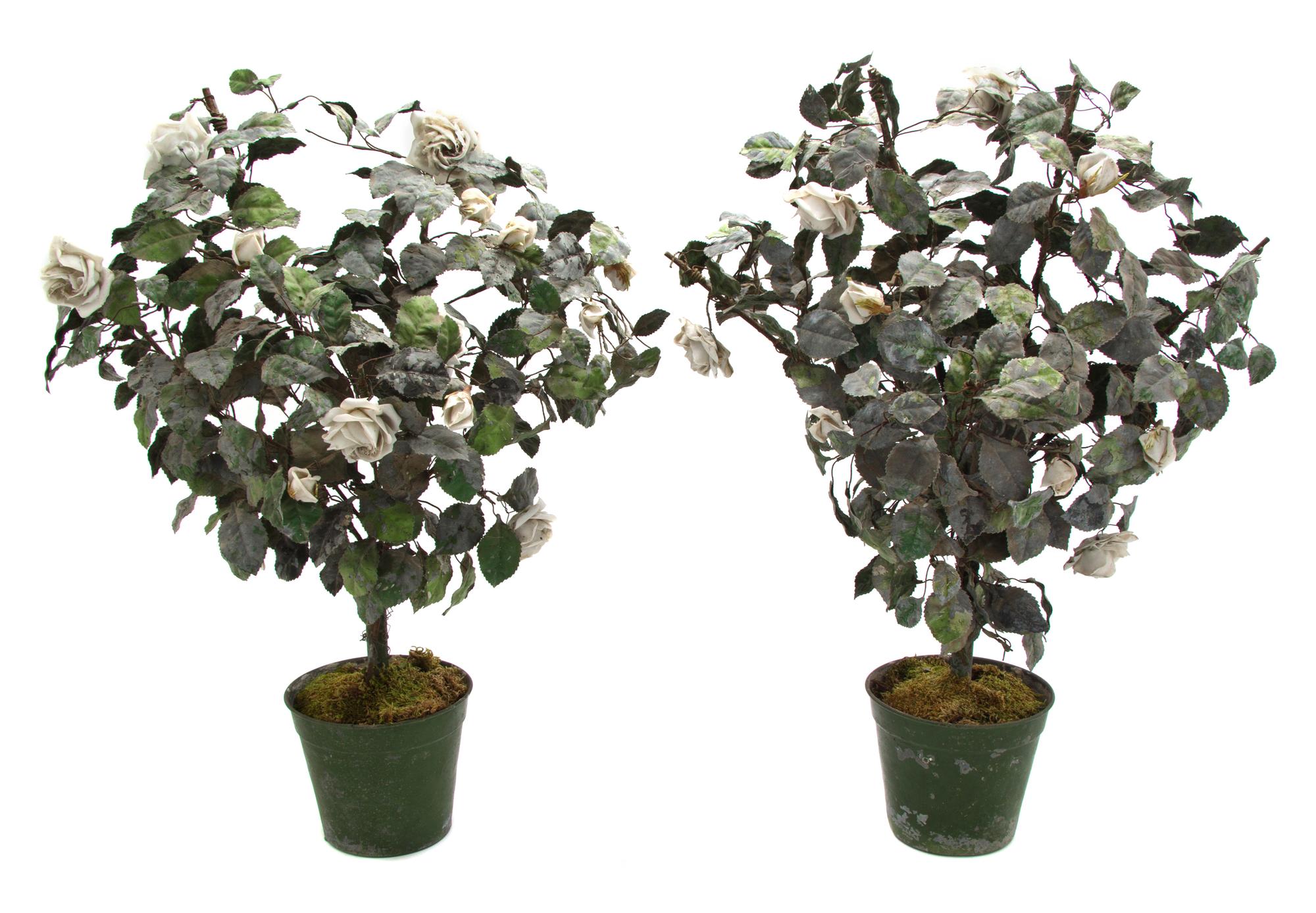 A Pair of French Tole Topiary Models of Rose Bushes, Height 27 inches.