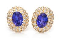 A Pair of Yellow Gold, Tanzanite and Diamond Earrings, 14.80 dwts.