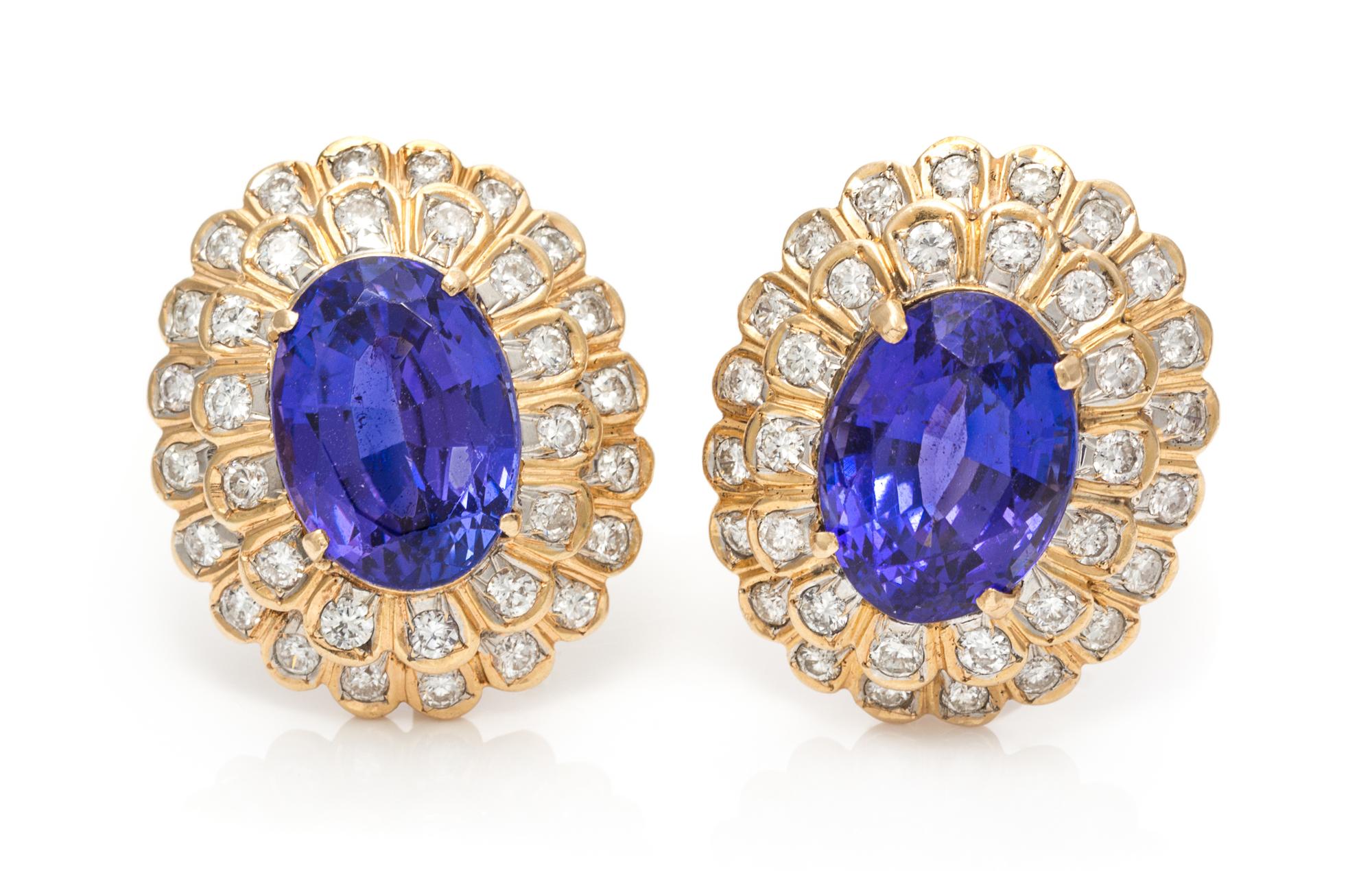A Pair of Yellow Gold, Tanzanite and Diamond Earrings, 14.80 dwts.