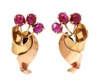 A Pair of Retro 14 Karat Bicolor Gold and Ruby Earclips, 5.90 dwts.
