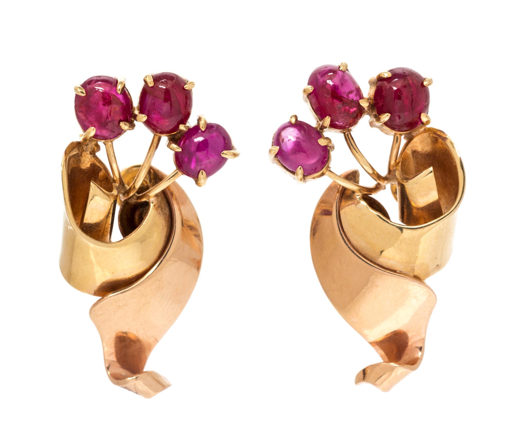 A Pair of Retro 14 Karat Bicolor Gold and Ruby Earclips, 5.90 dwts.