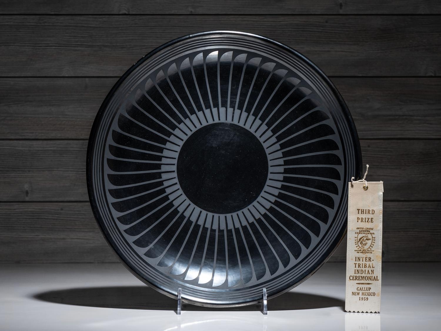 Award Winning Repeating Feather Blackware Plate, with Gunmetal Finish 1956-1959