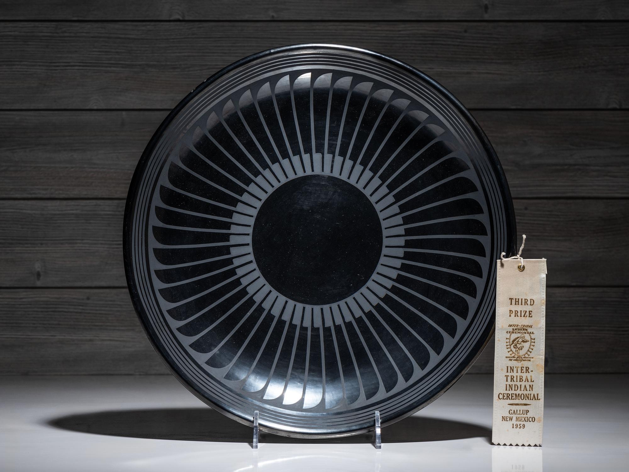 Award Winning Repeating Feather Blackware Plate, with Gunmetal Finish 1956-1959