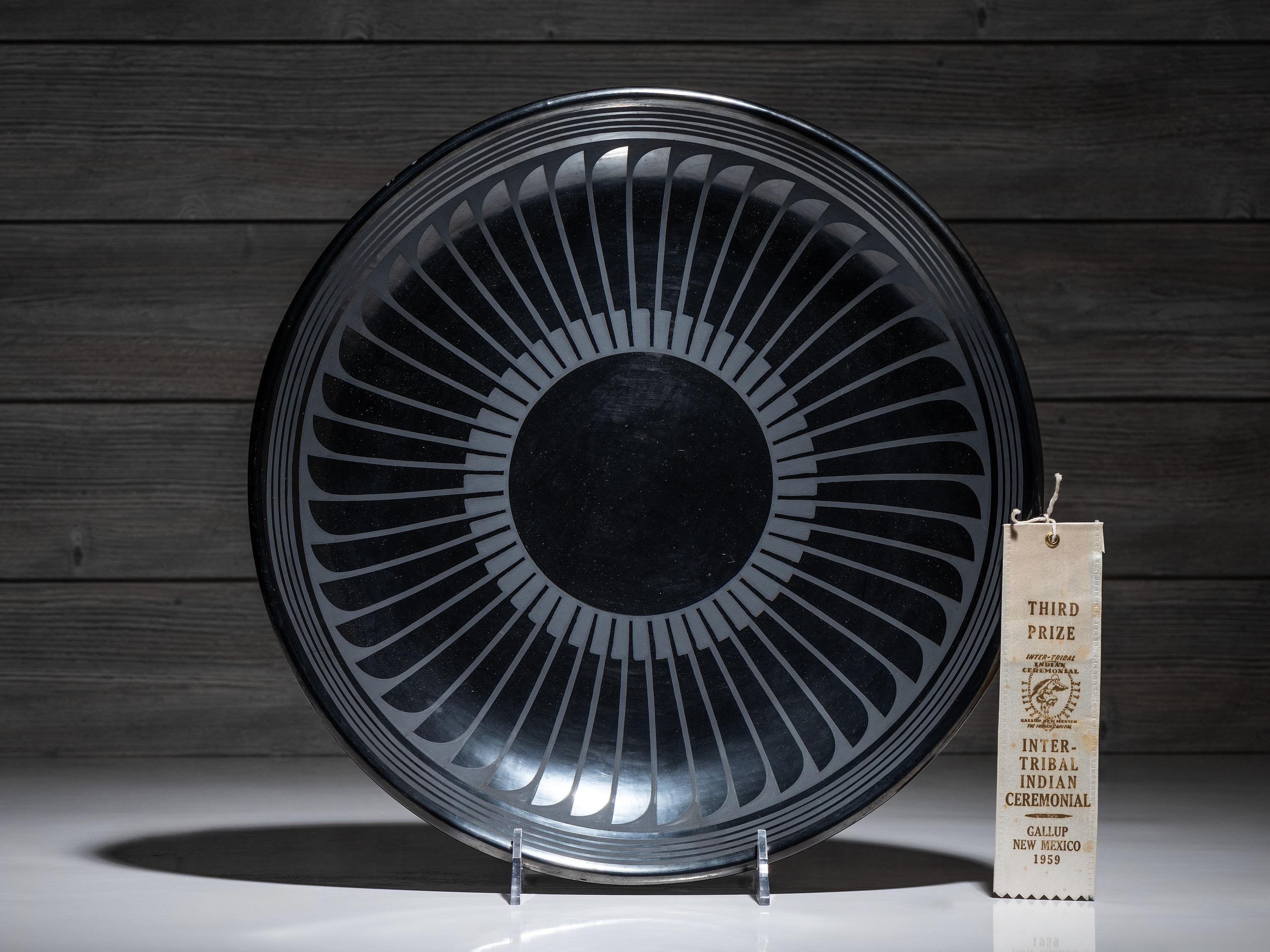 Award Winning Repeating Feather Blackware Plate, with Gunmetal Finish 1956-1959