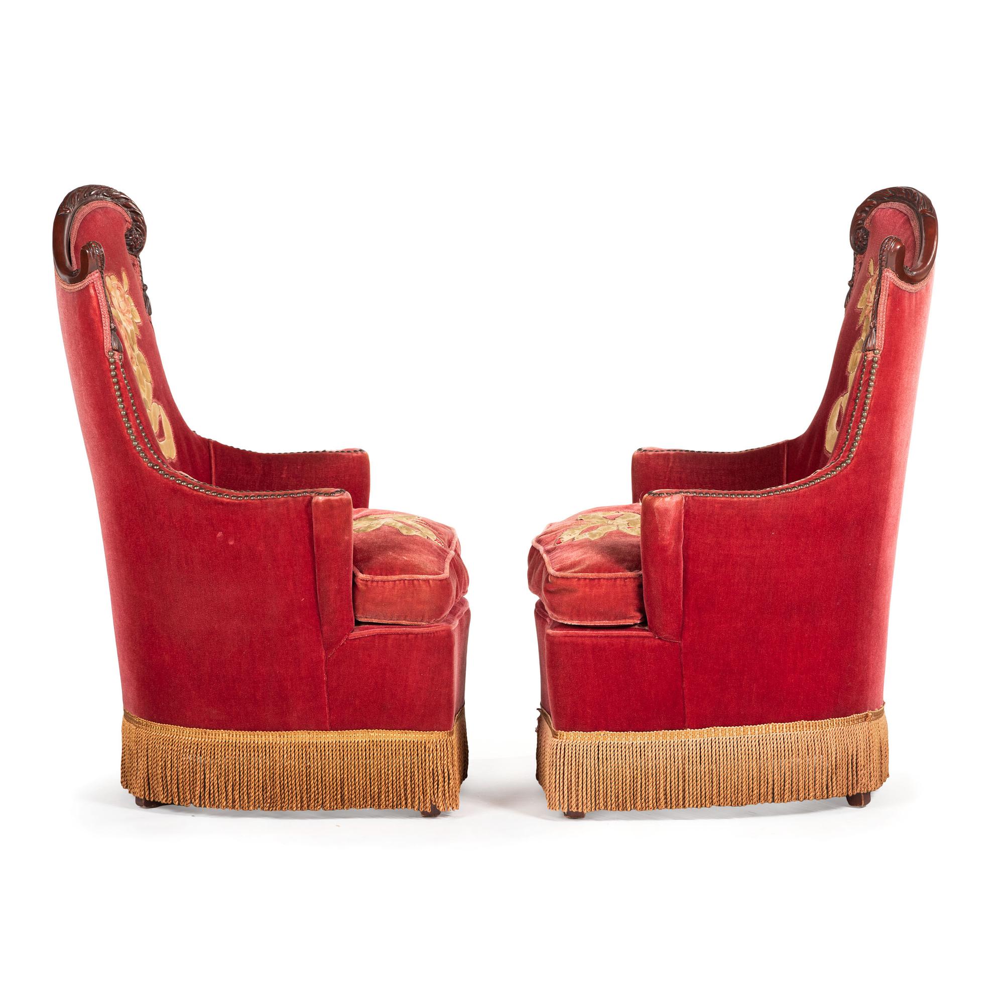 A Pair of Carved Walnut Armchairs with Embroidered Velvet Upholstery Late 19th Century