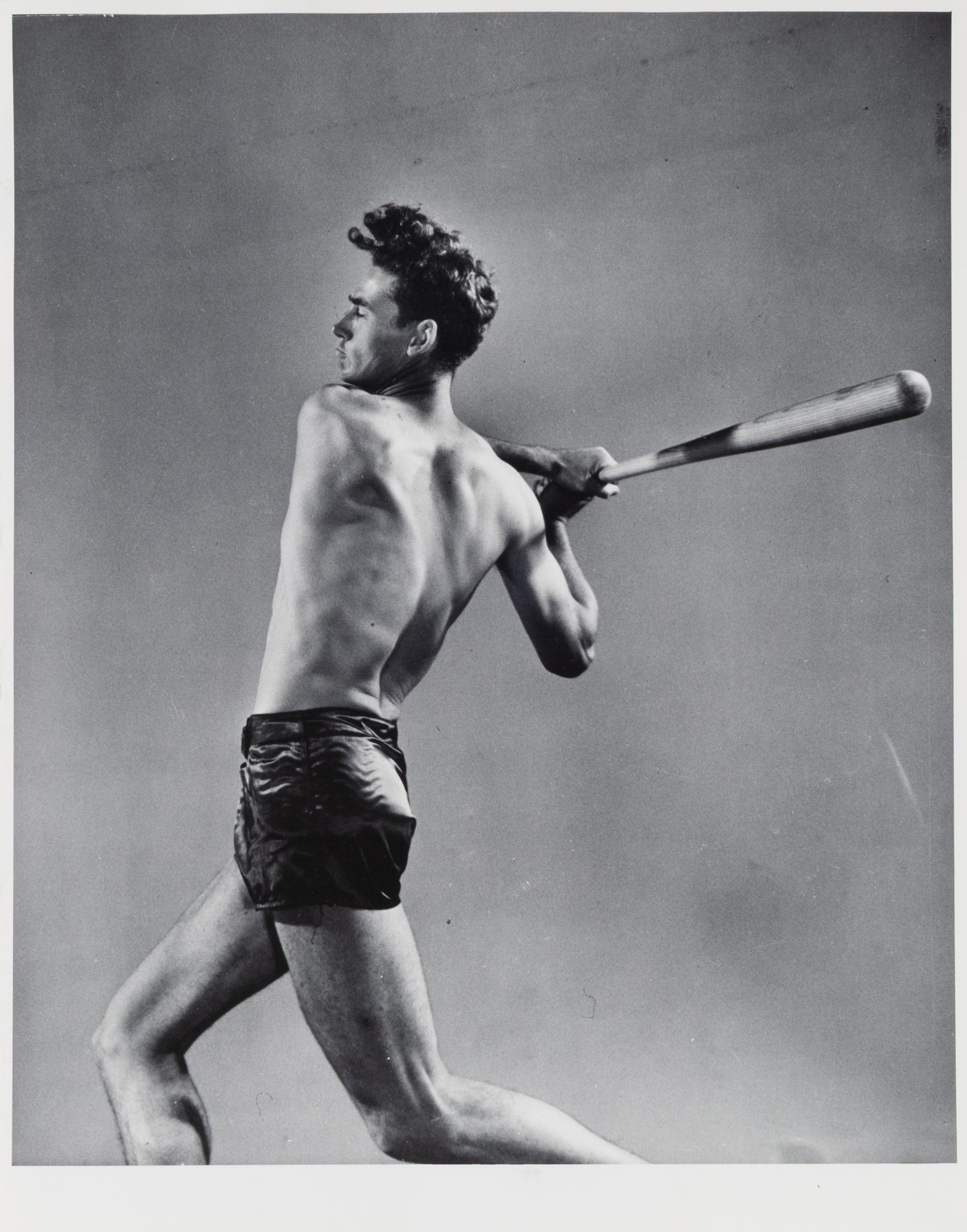 Studio shot of Boston Red Sox star Ted Williams demonstrating his batting technique , 1941; printed ca. 1941