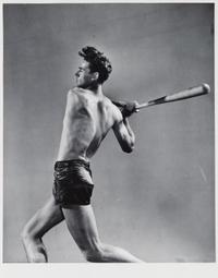 Studio shot of Boston Red Sox star Ted Williams demonstrating his batting technique , 1941; printed ca. 1941