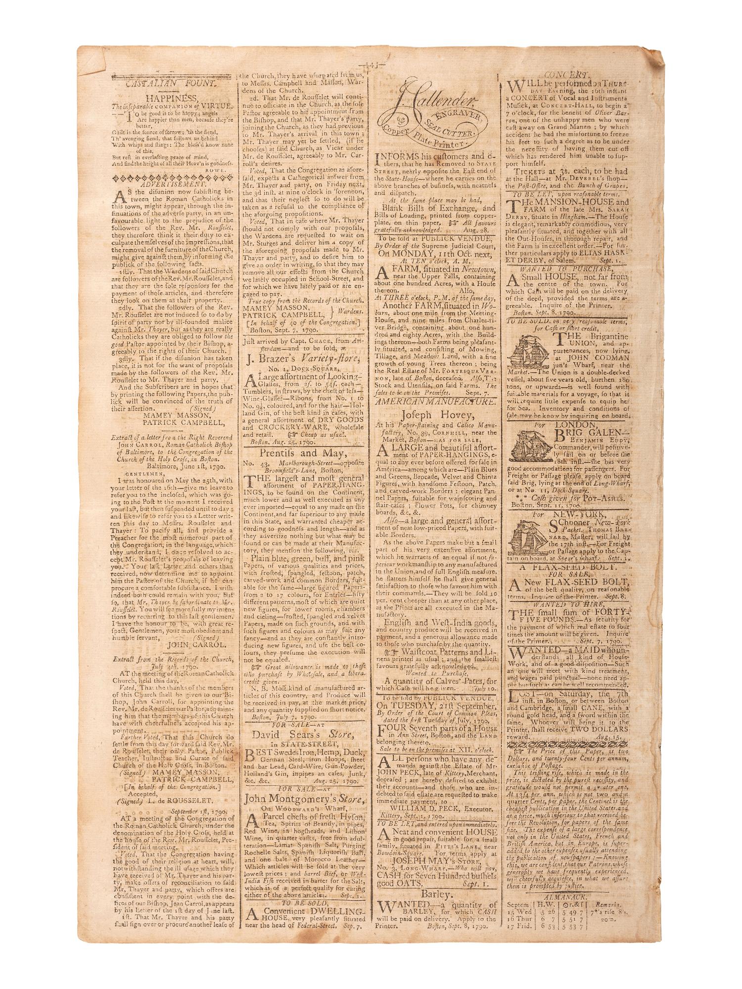 [HAMILTON, Alexander (1757-1804)]. Columbian Centinel. Vol. XIV, No. 1. Boston, MA: Benjamin Russell, 15 Sept 1790.