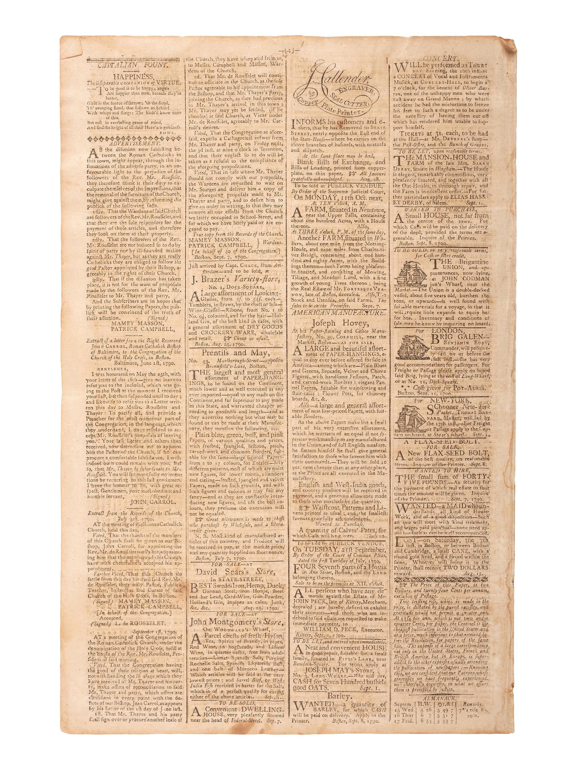 [HAMILTON, Alexander (1757-1804)]. Columbian Centinel. Vol. XIV, No. 1. Boston, MA: Benjamin Russell, 15 Sept 1790.
