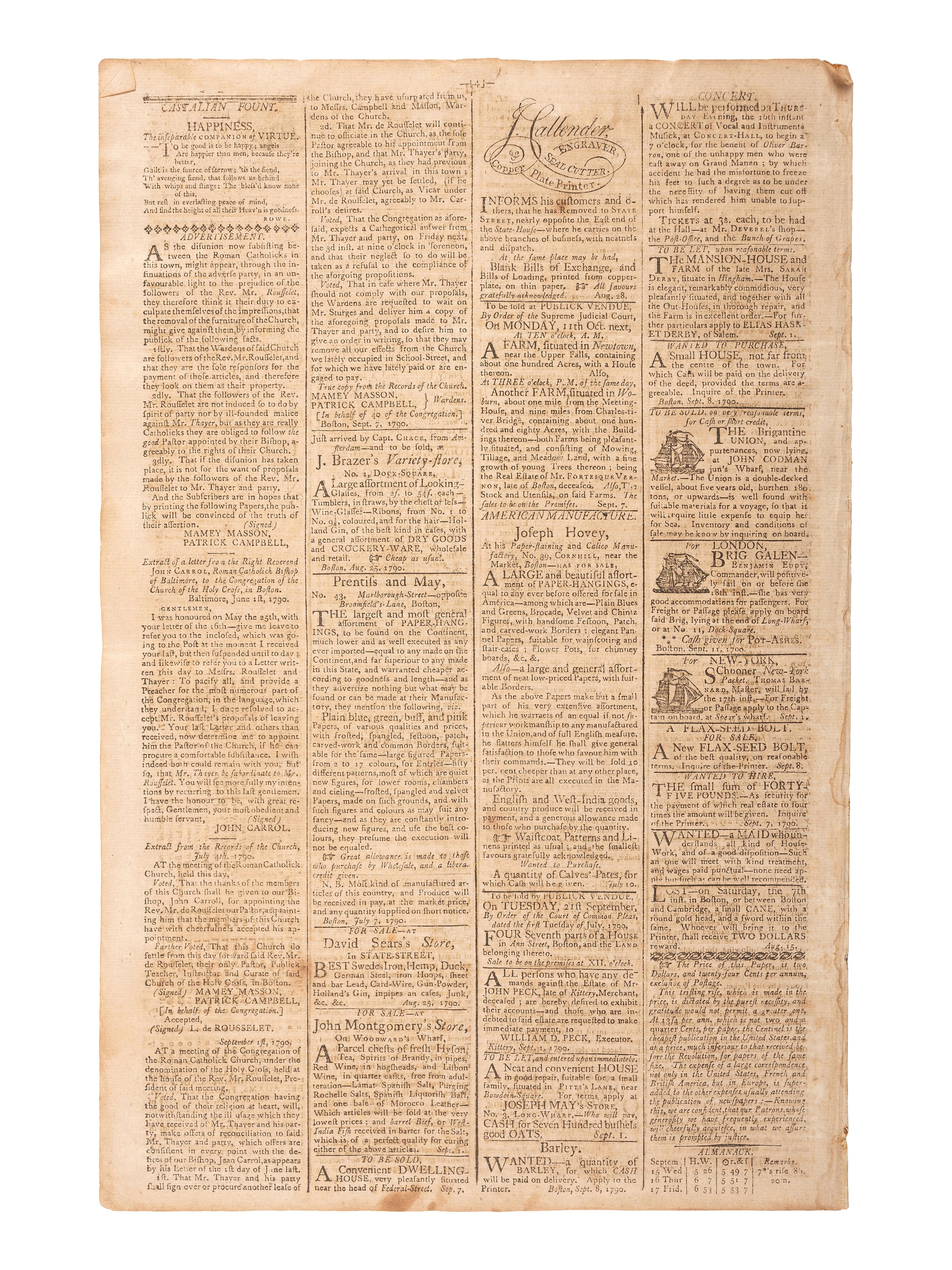 [HAMILTON, Alexander (1757-1804)]. Columbian Centinel. Vol. XIV, No. 1. Boston, MA: Benjamin Russell, 15 Sept 1790.