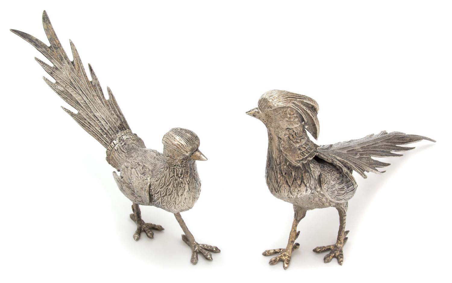 A Pair of Silver-Plate Models of Pheasants, , each realistically depicted in a standing pose.