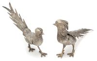 A Pair of Silver-Plate Models of Pheasants, , each realistically depicted in a standing pose.