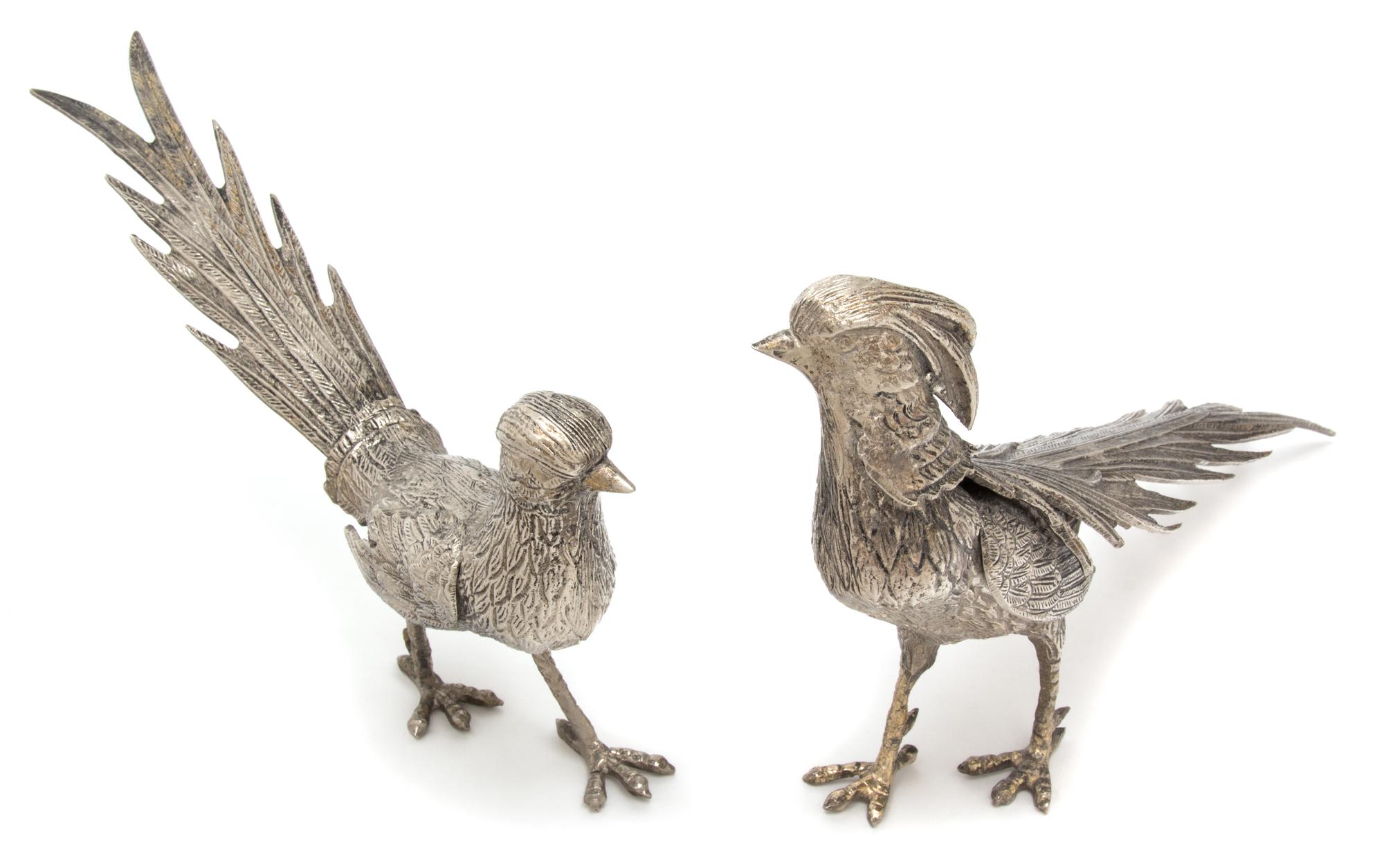 A Pair of Silver-Plate Models of Pheasants, , each realistically depicted in a standing pose.