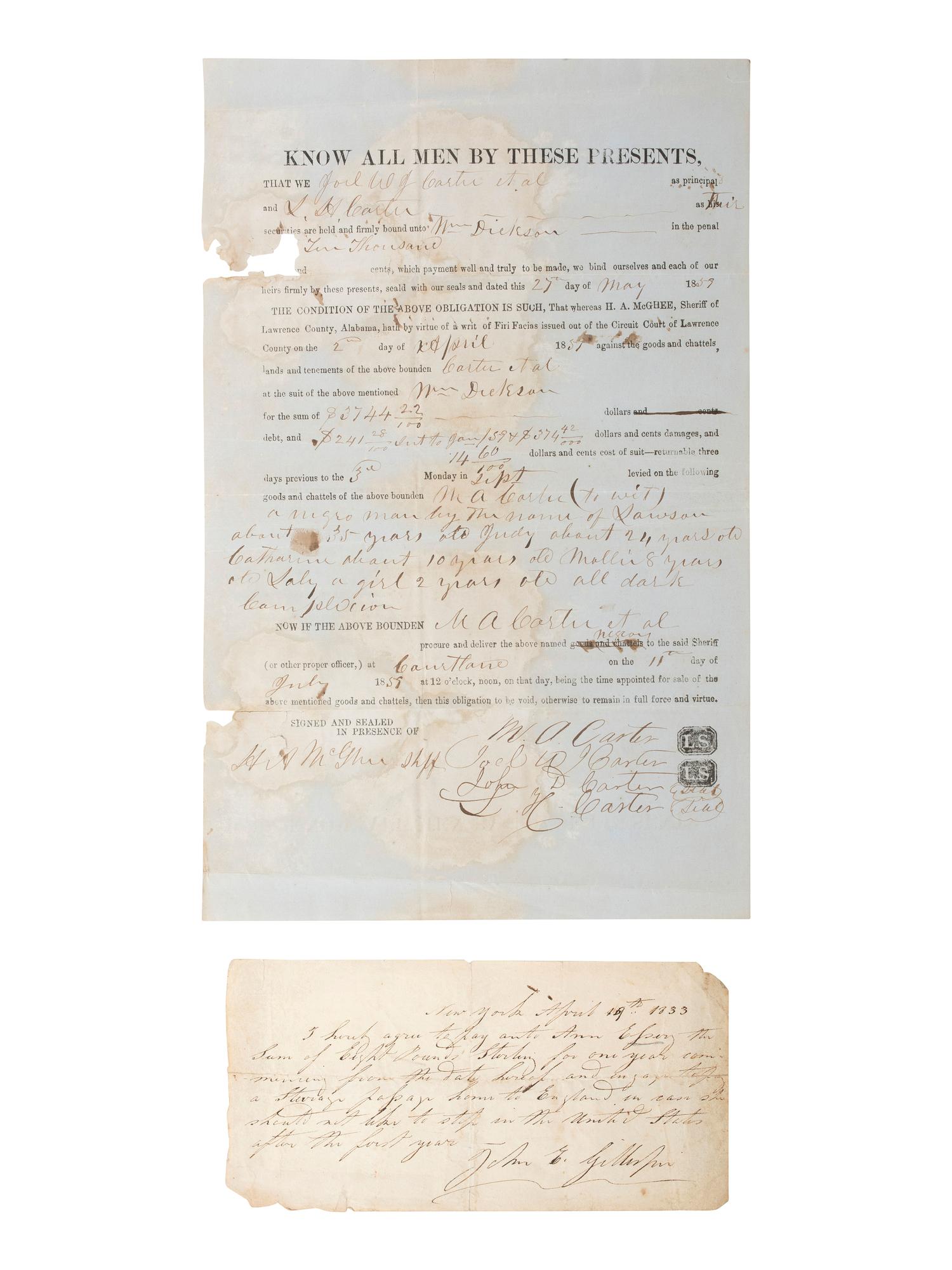 [ENSLAVEMENT & ABOLITION]. A group of documents, some related to enslaved individuals in Alabama and Tennessee.
