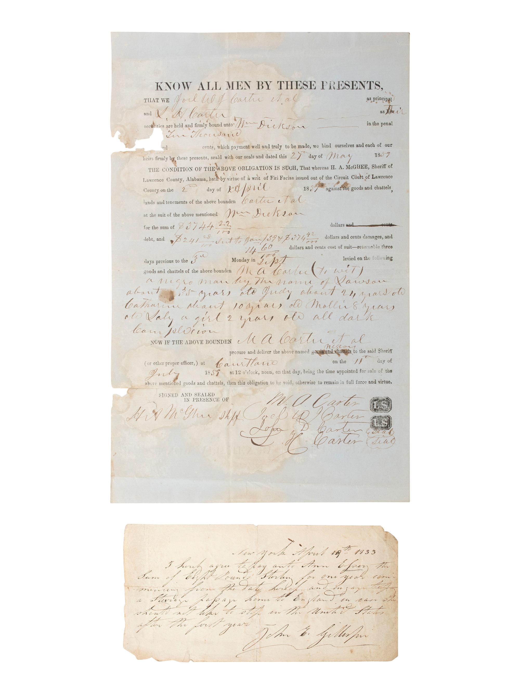 [ENSLAVEMENT & ABOLITION]. A group of documents, some related to enslaved individuals in Alabama and Tennessee.