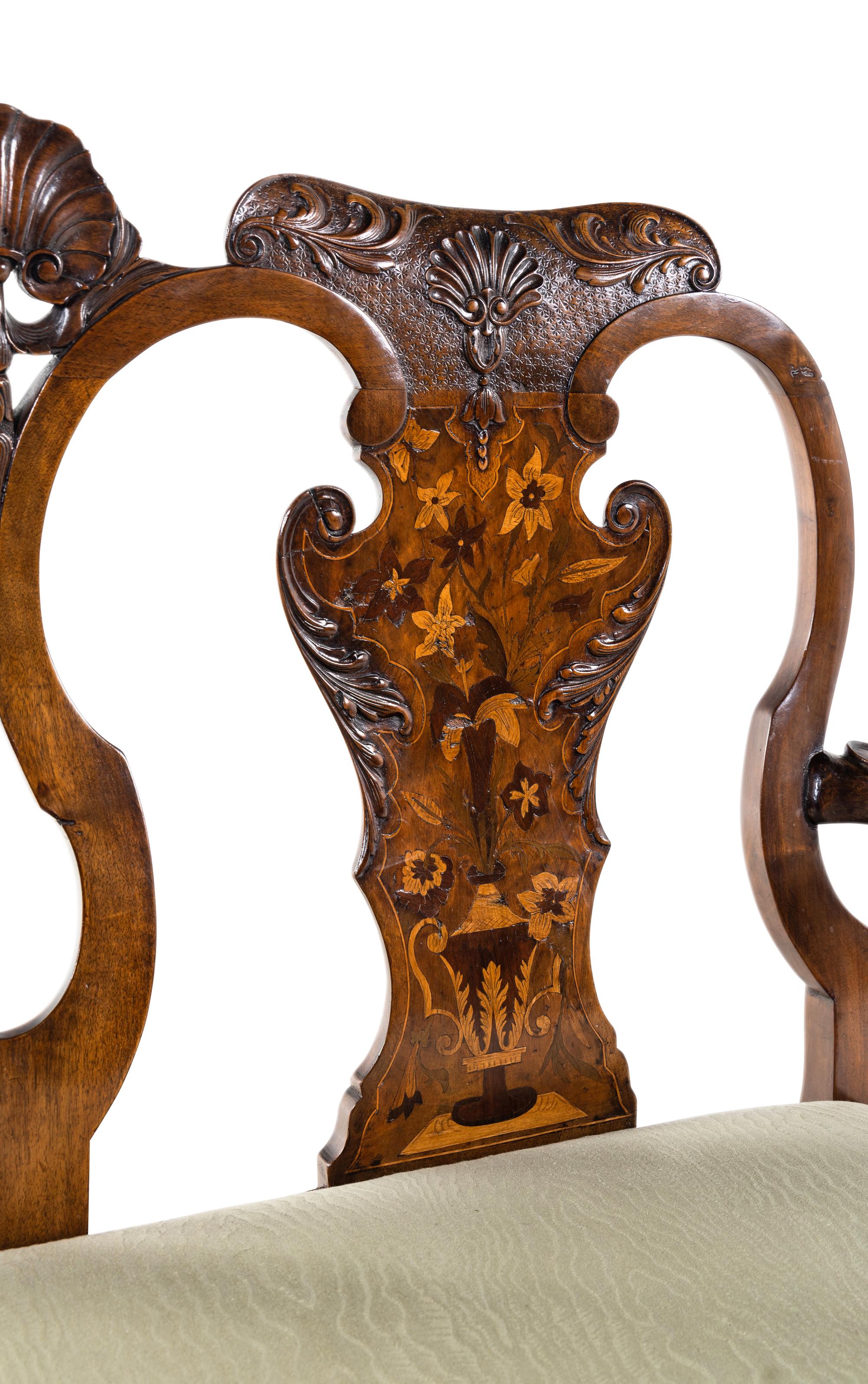 A George II Style Carved Walnut and Marquetry Double-Back Settee