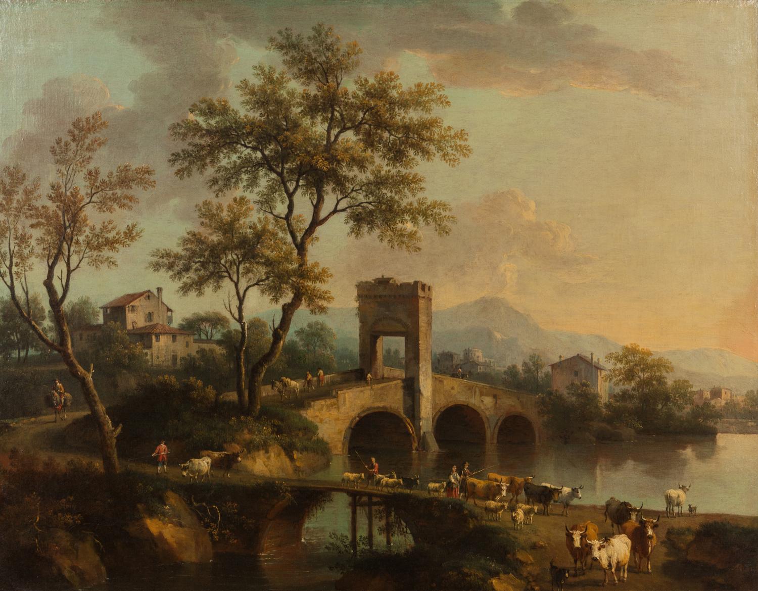 Landscape along the Brenta with a stone bridge, shepherds and herds , early 1740s