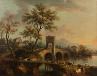 Landscape along the Brenta with a stone bridge, shepherds and herds , early 1740s