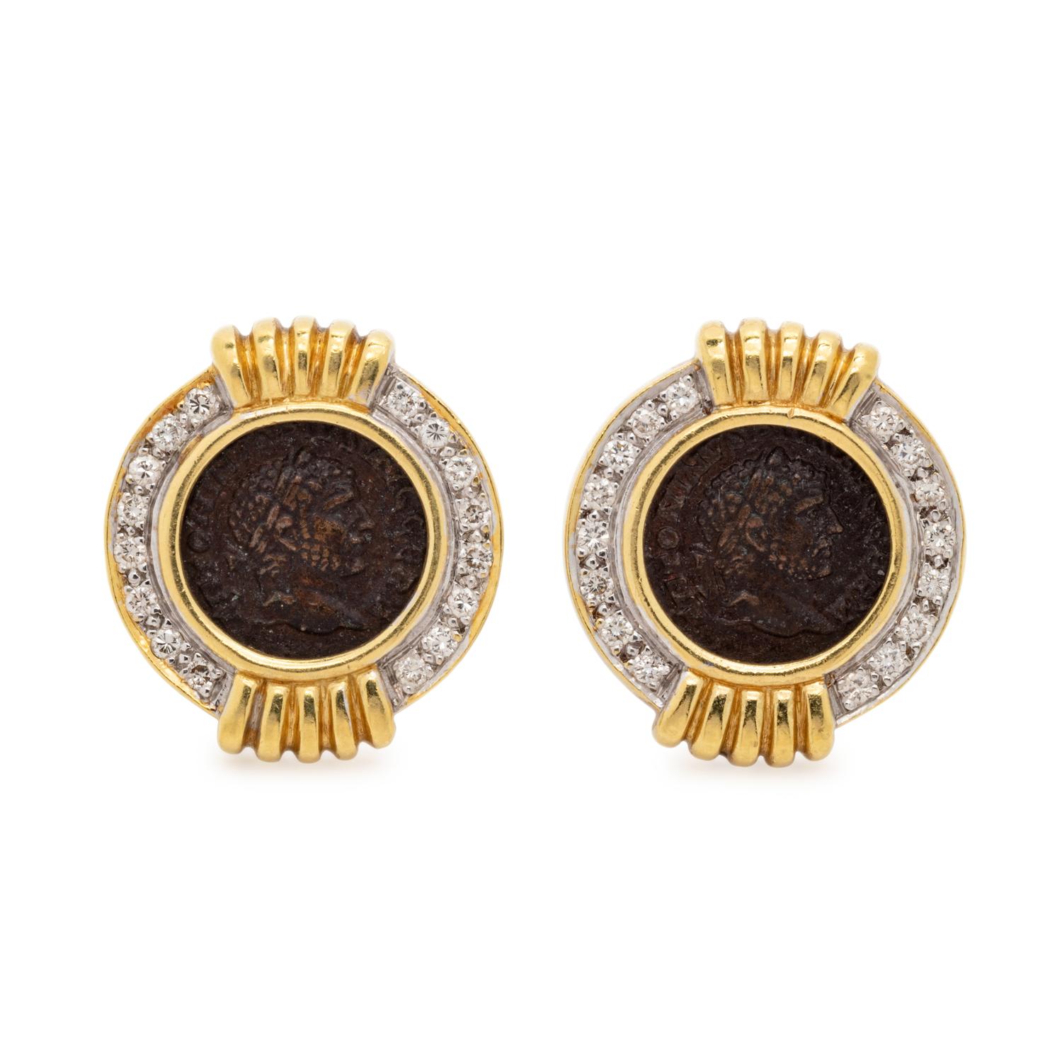YELLOW GOLD, COIN AND DIAMOND EARCLIPS