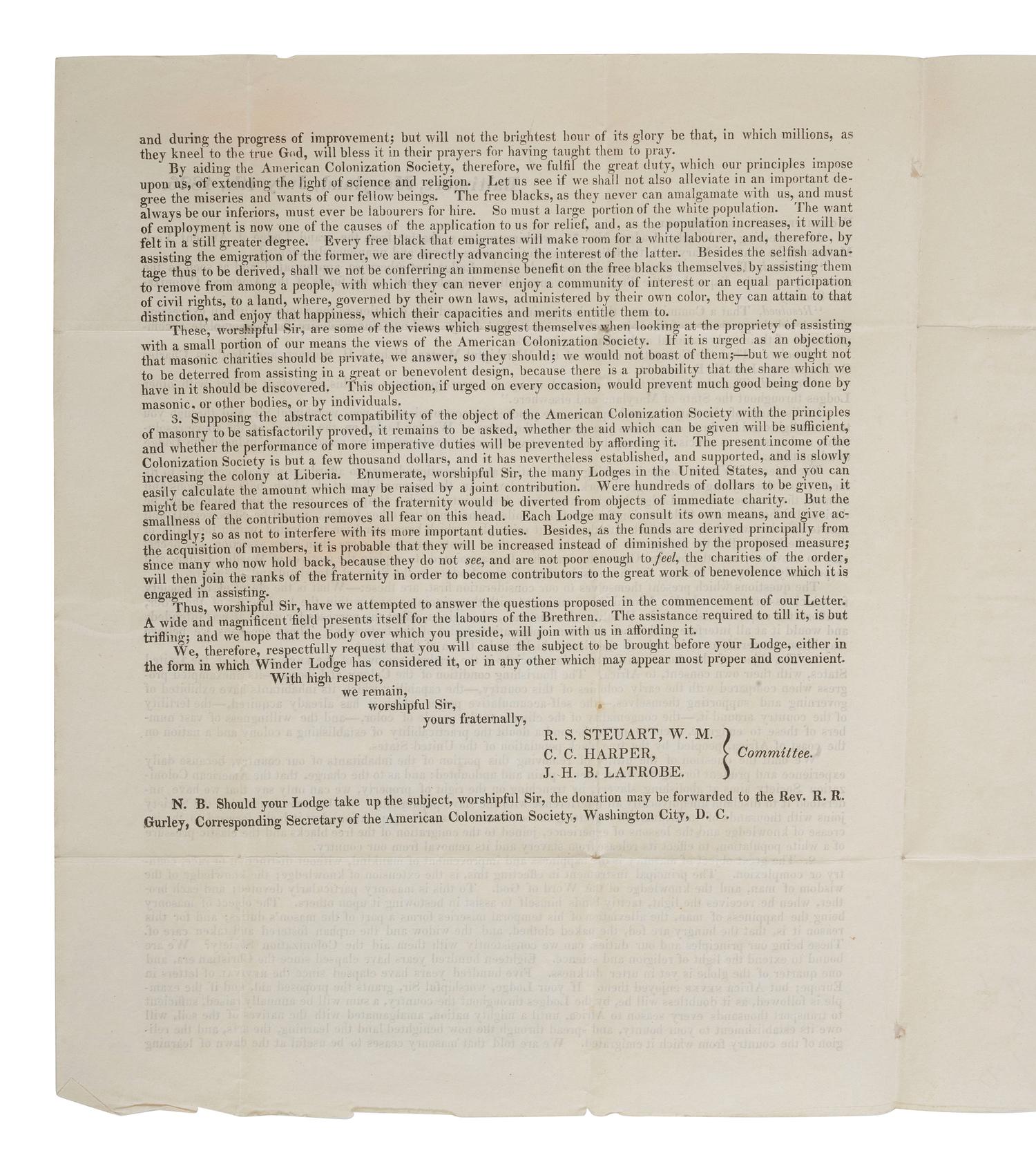 [LIBERIA]. Ancient York Masons circular suggesting donations to the American Colonization Society. Baltimore, MD, 4 July 1826. [ With :] Enclosed manuscript note suggesting a donation of ten dollars.