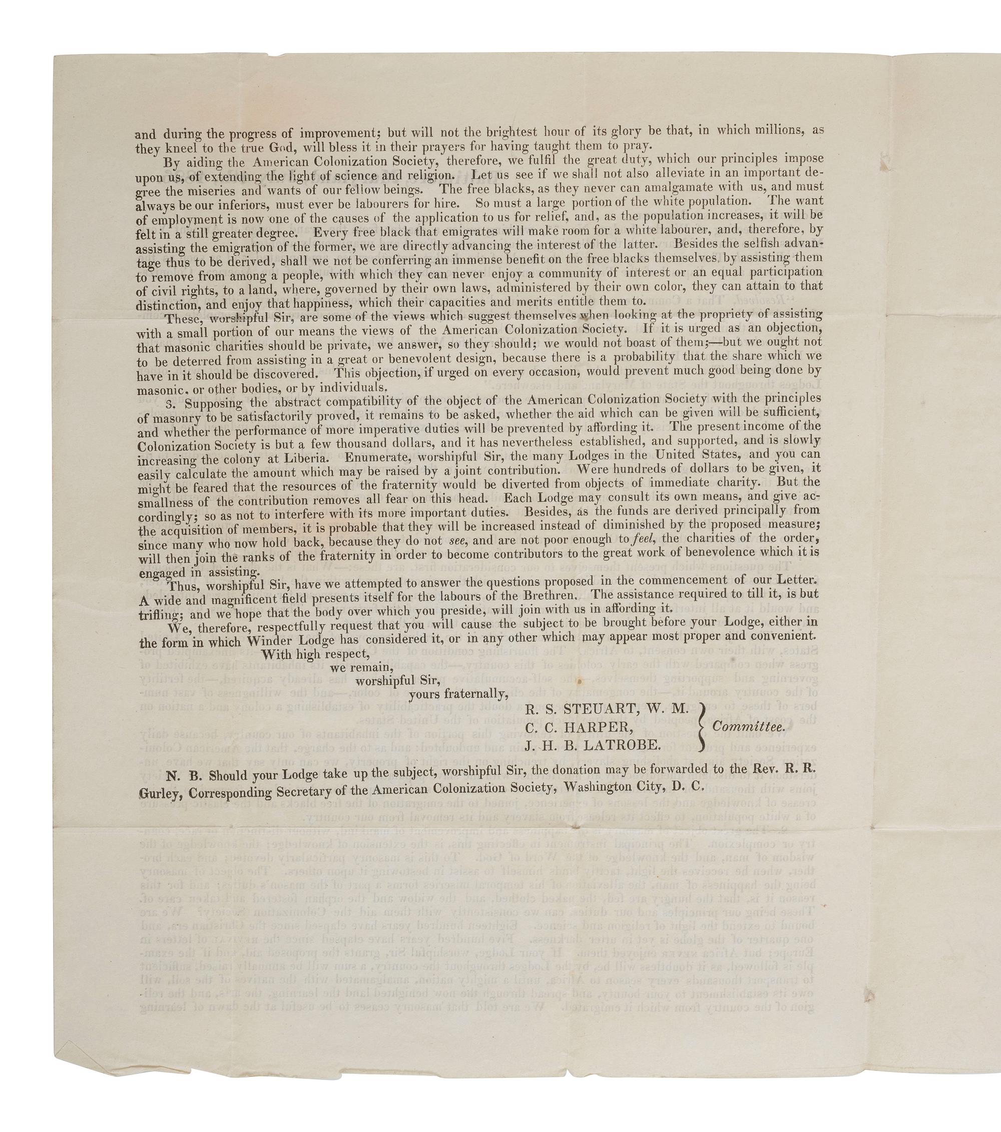 [LIBERIA]. Ancient York Masons circular suggesting donations to the American Colonization Society. Baltimore, MD, 4 July 1826. [ With :] Enclosed manuscript note suggesting a donation of ten dollars.