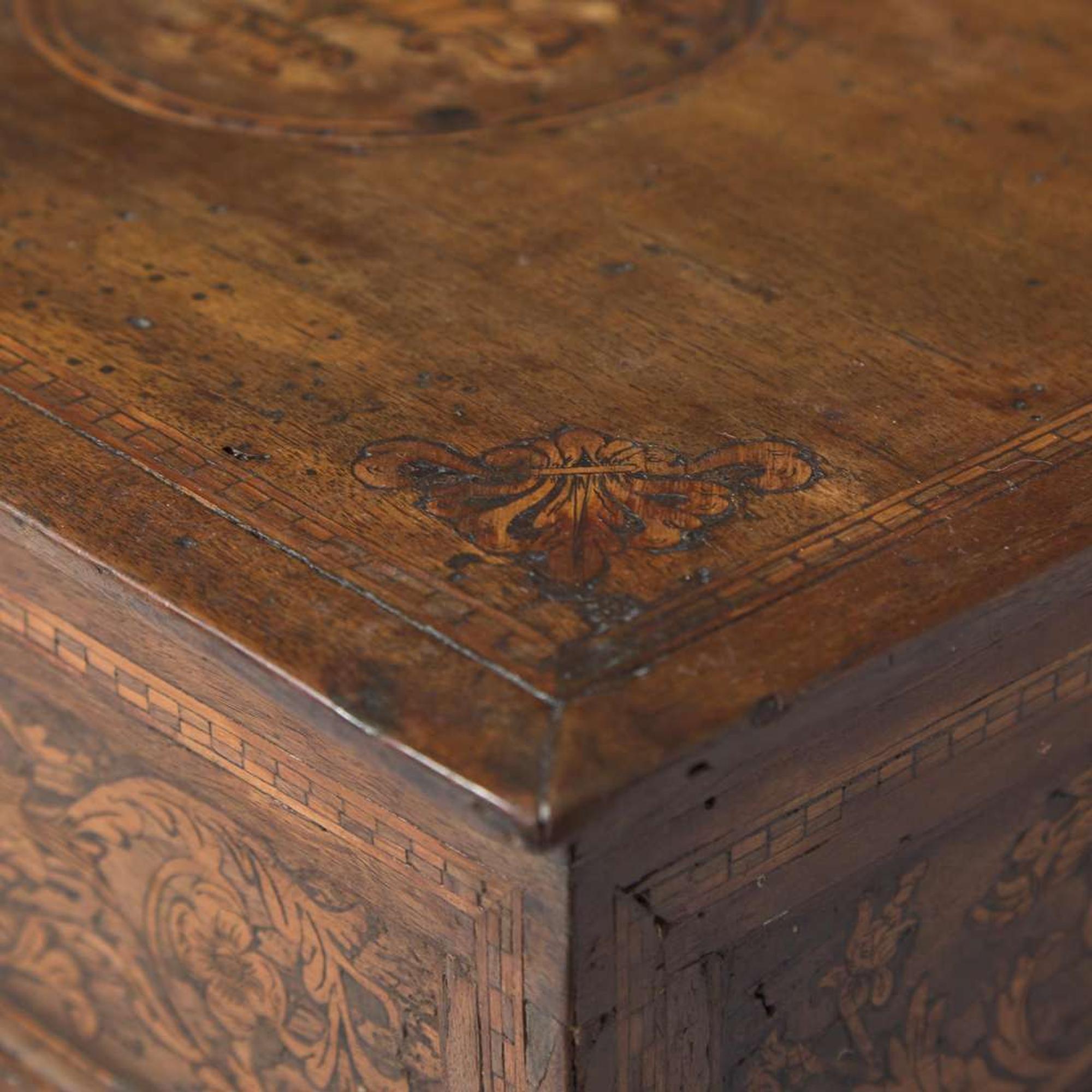 A miniature Italian marquetry inlaid walnut cassone or document box 17th century
