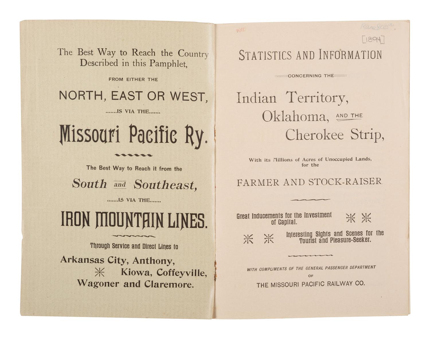 [MAPS -- OKLAHOMA LAND RUSH]. Statistics and Information Concerning the Indian Territory, Oklahoma, and the Cherokee Strip, With It’s Millions of Acres of Unoccupied Lands.... St. Louis, MO: Woodward & Tiernan Printing Co., [1893].