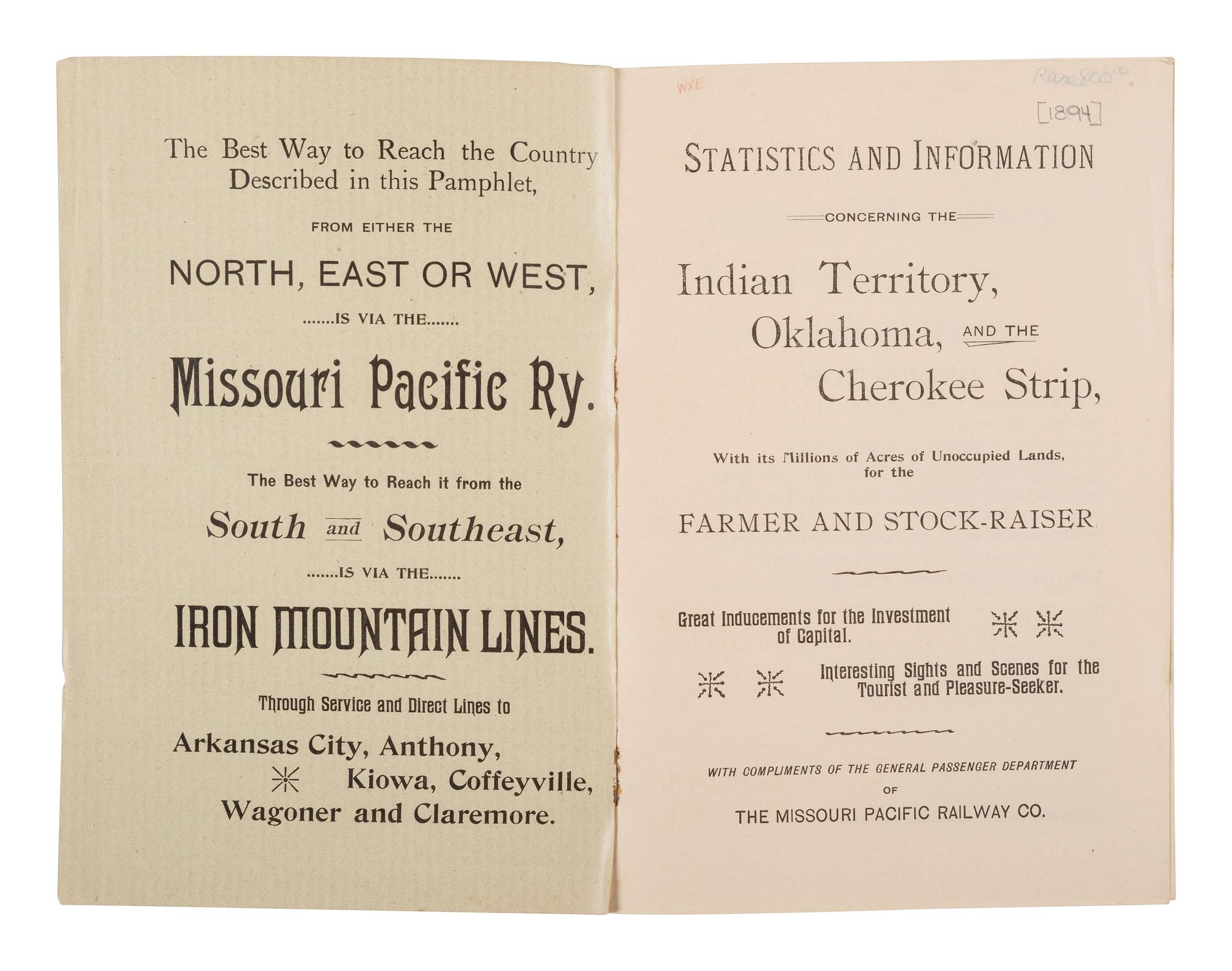 [MAPS -- OKLAHOMA LAND RUSH]. Statistics and Information Concerning the Indian Territory, Oklahoma, and the Cherokee Strip, With It’s Millions of Acres of Unoccupied Lands.... St. Louis, MO: Woodward & Tiernan Printing Co., [1893].