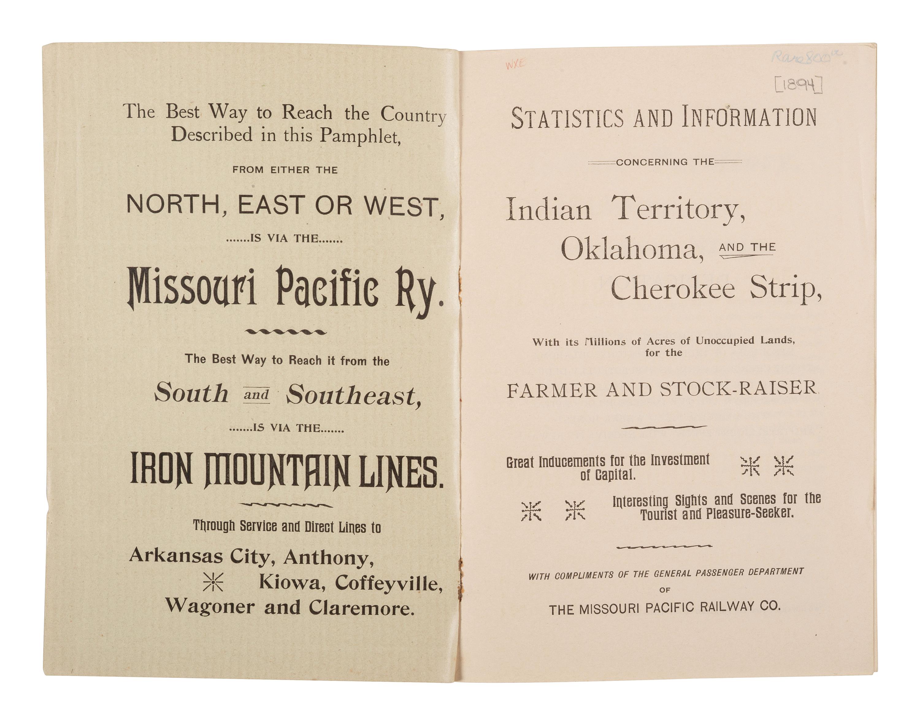 [MAPS -- OKLAHOMA LAND RUSH]. Statistics and Information Concerning the Indian Territory, Oklahoma, and the Cherokee Strip, With It’s Millions of Acres of Unoccupied Lands.... St. Louis, MO: Woodward & Tiernan Printing Co., [1893].