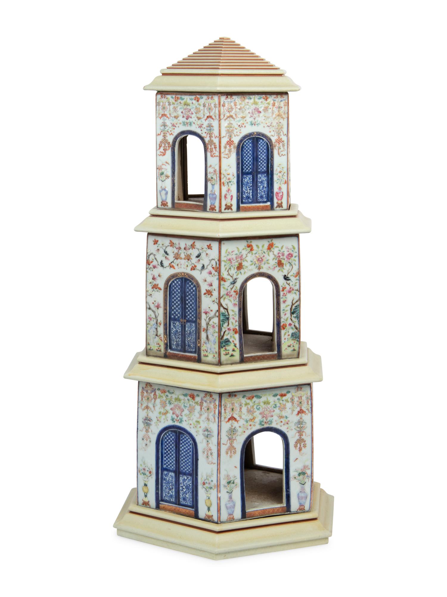 A Famille Rose Porcelain Three-Tier Pagoda