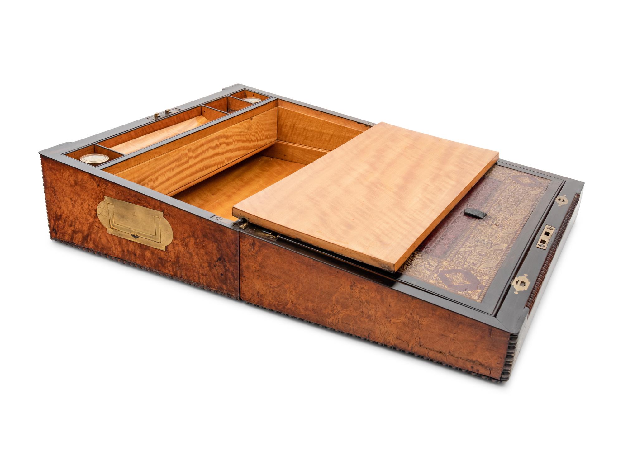 An Early Victorian Mother-of-Pearl Inlaid Amboyna and Burlwood Writing Slope