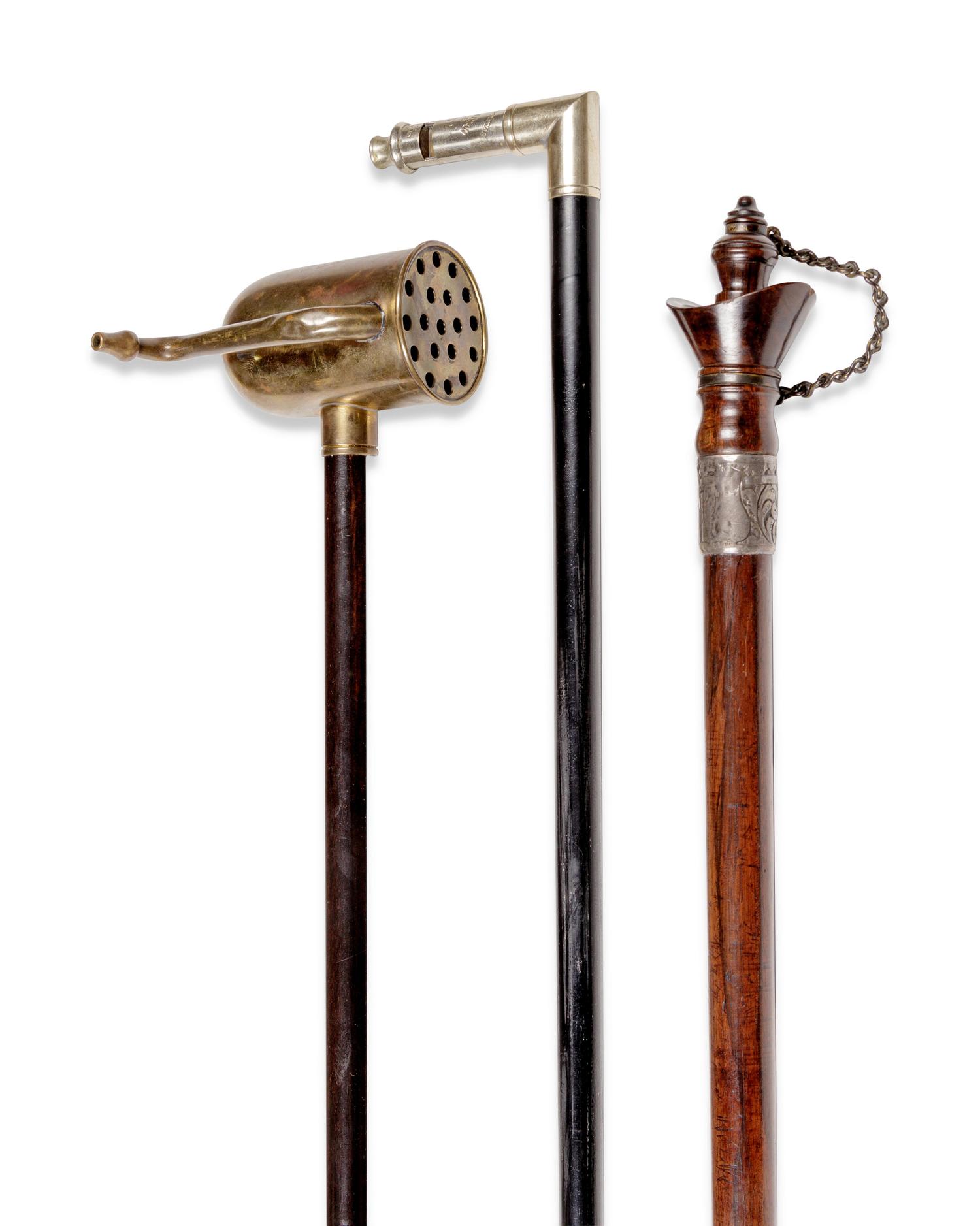 Two English Metal Mounted Whistle System Walking Sticks
