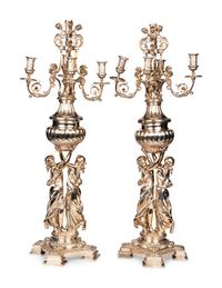 A Pair of Monumental Silver-Plate Figural Six-Light Candelabra