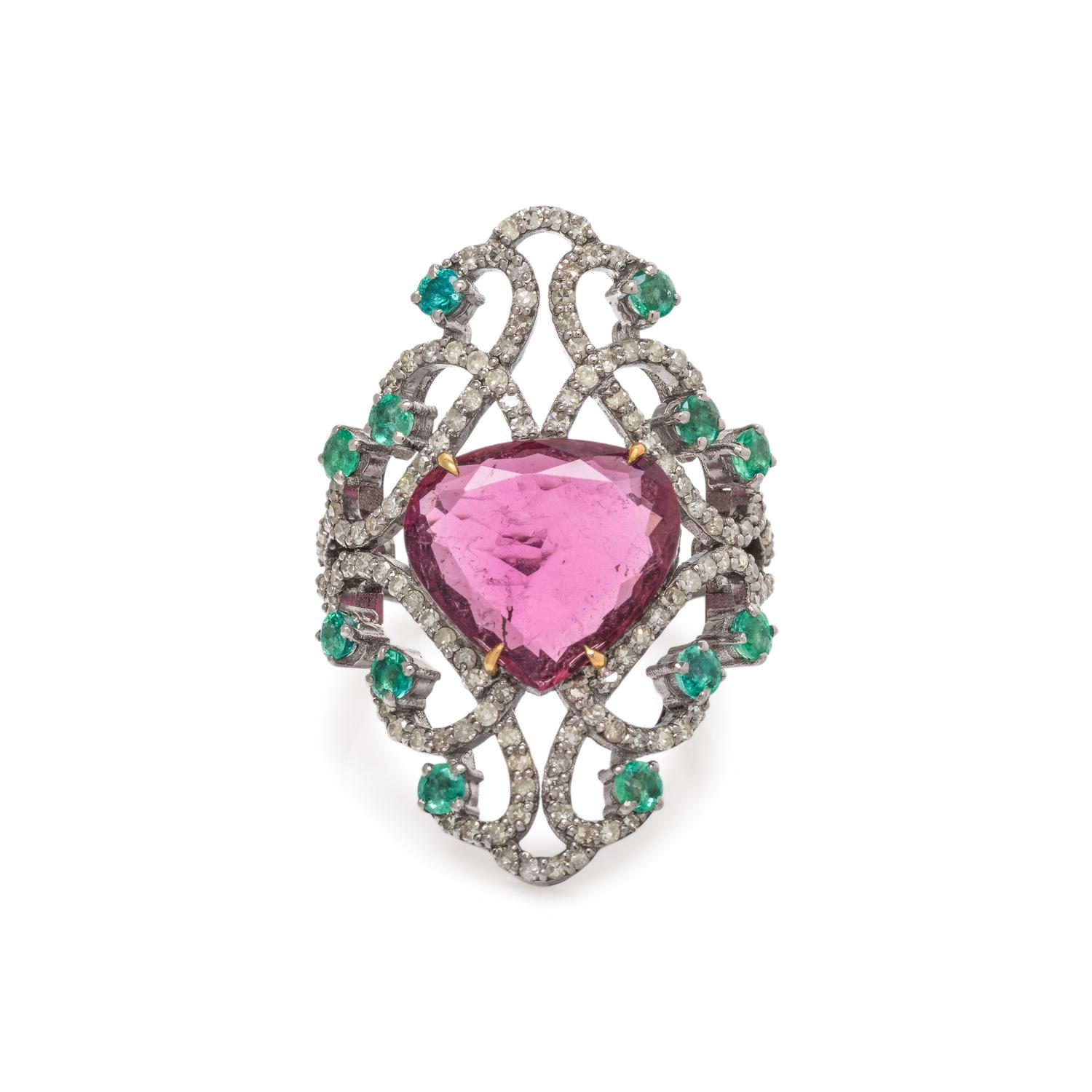 PINK TOURMALINE, EMERALD AND DIAMOND RING
