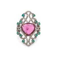 PINK TOURMALINE, EMERALD AND DIAMOND RING