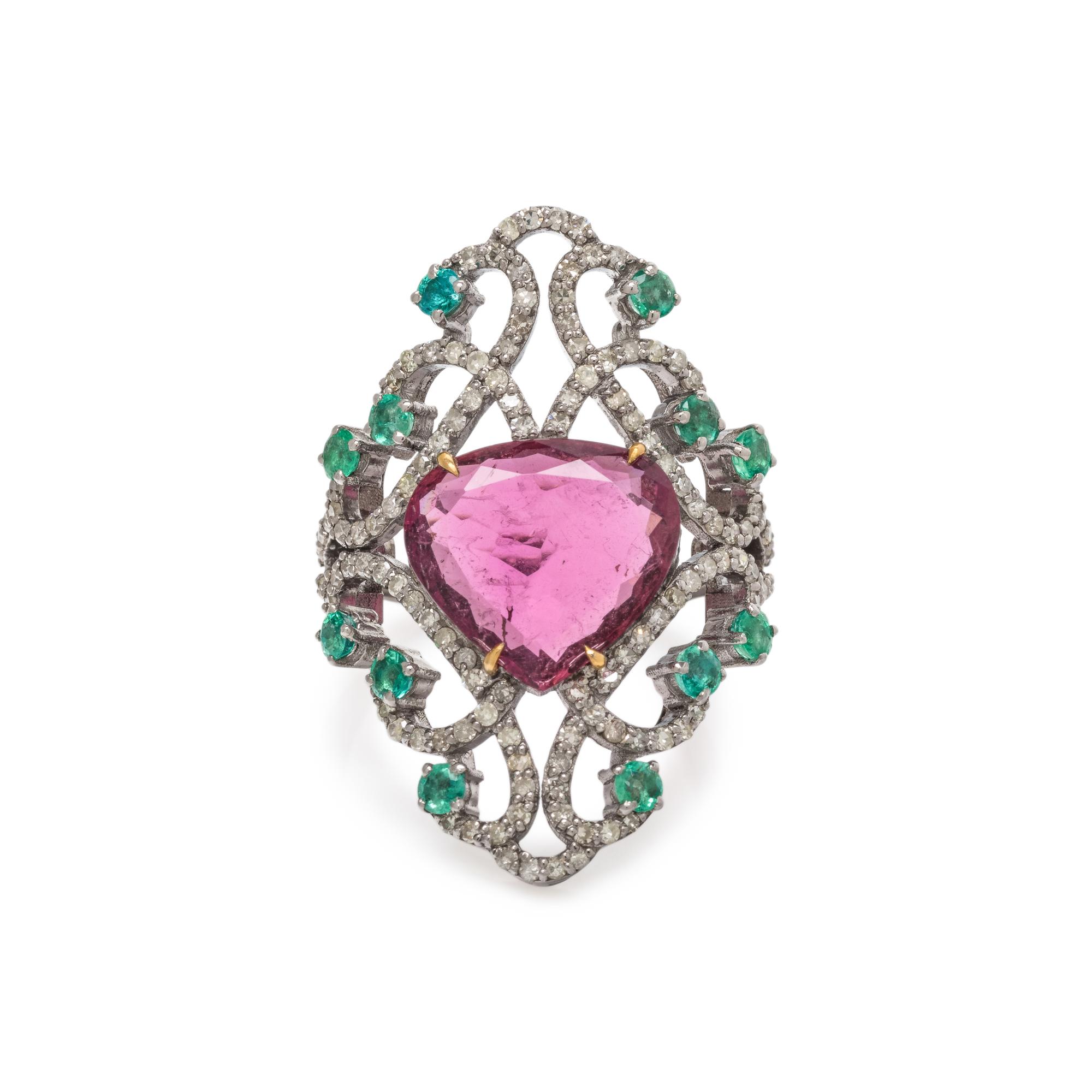 PINK TOURMALINE, EMERALD AND DIAMOND RING