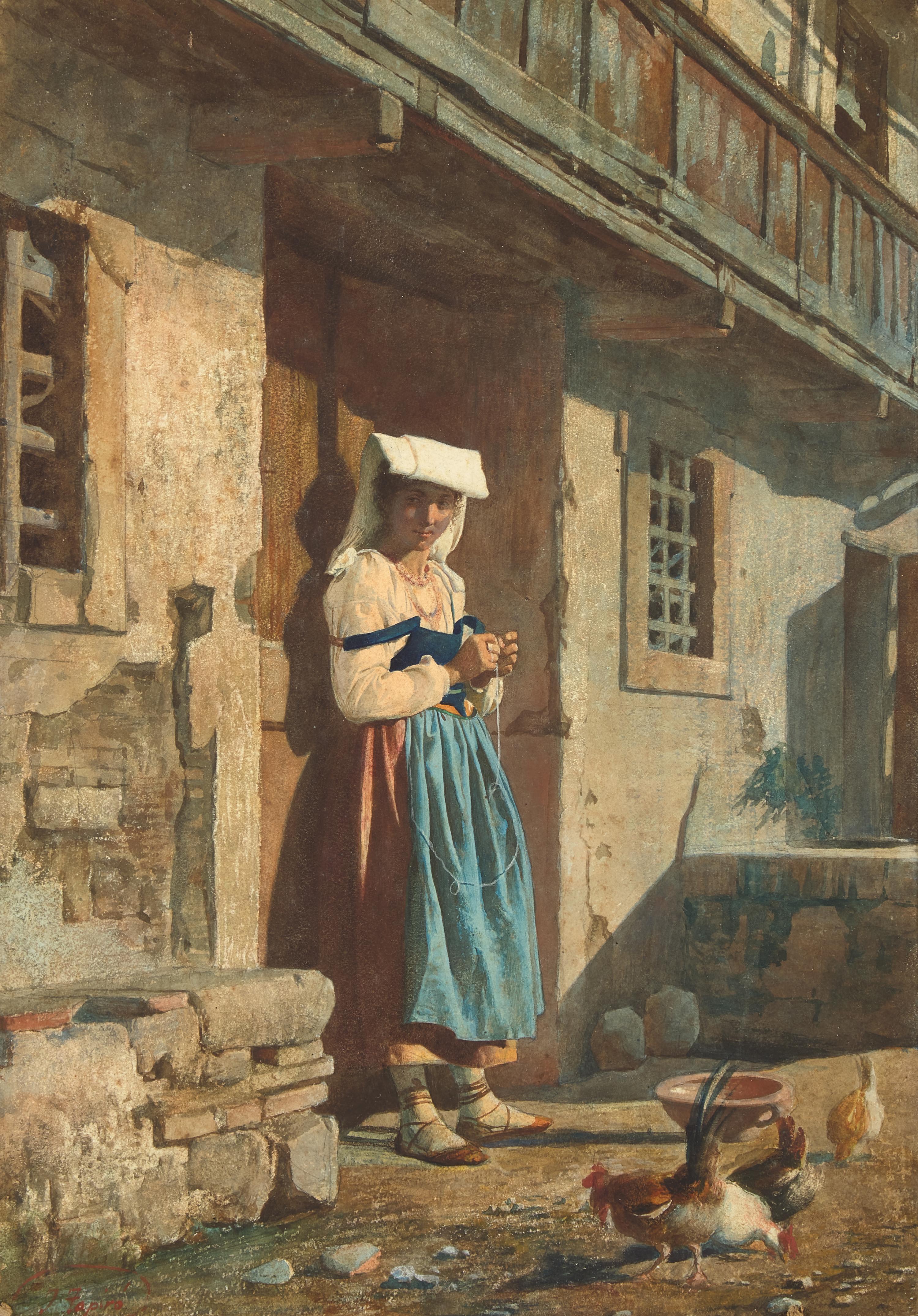 Josep Tapiró i Baró (Spanish, 1836-1913) — Untitled (Feeding the Chickens)