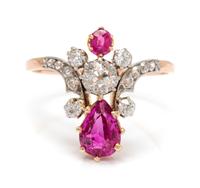 An Edwardian Platinum Topped Rose Gold, Pink Sapphire and Diamond Ring, 2.50 dwts.
