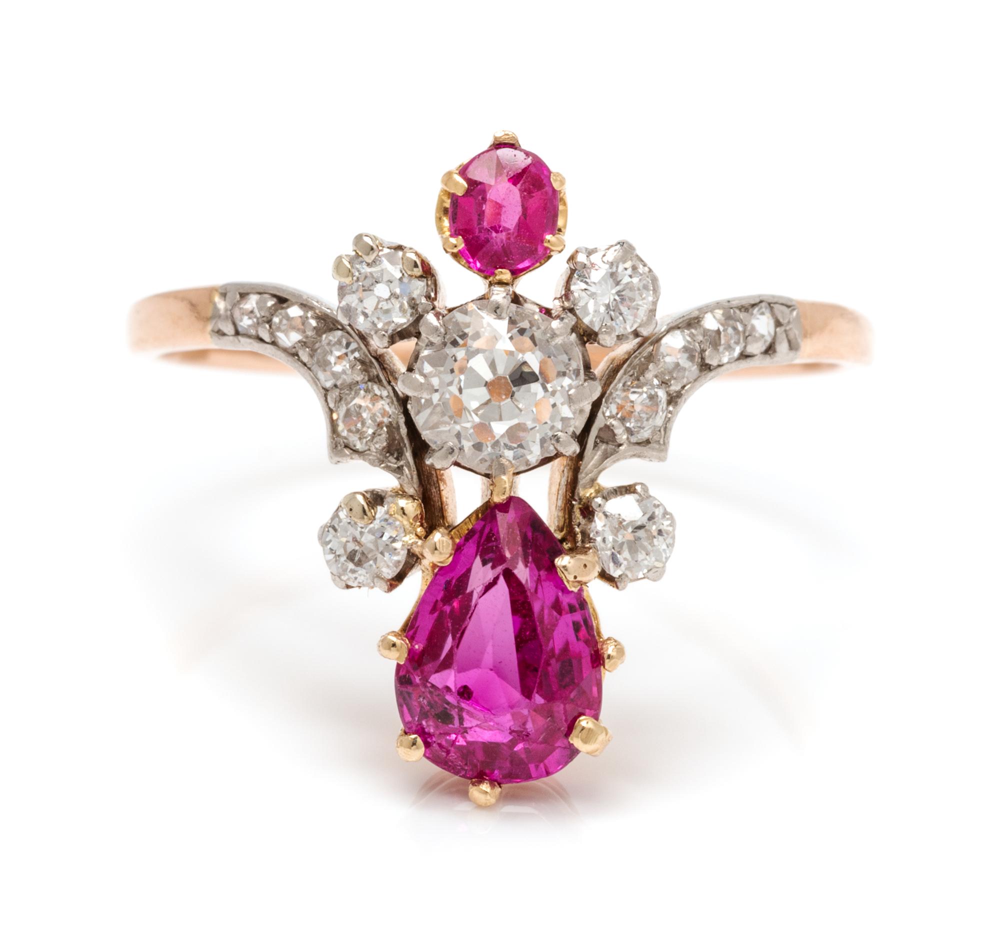 An Edwardian Platinum Topped Rose Gold, Pink Sapphire and Diamond Ring, 2.50 dwts.