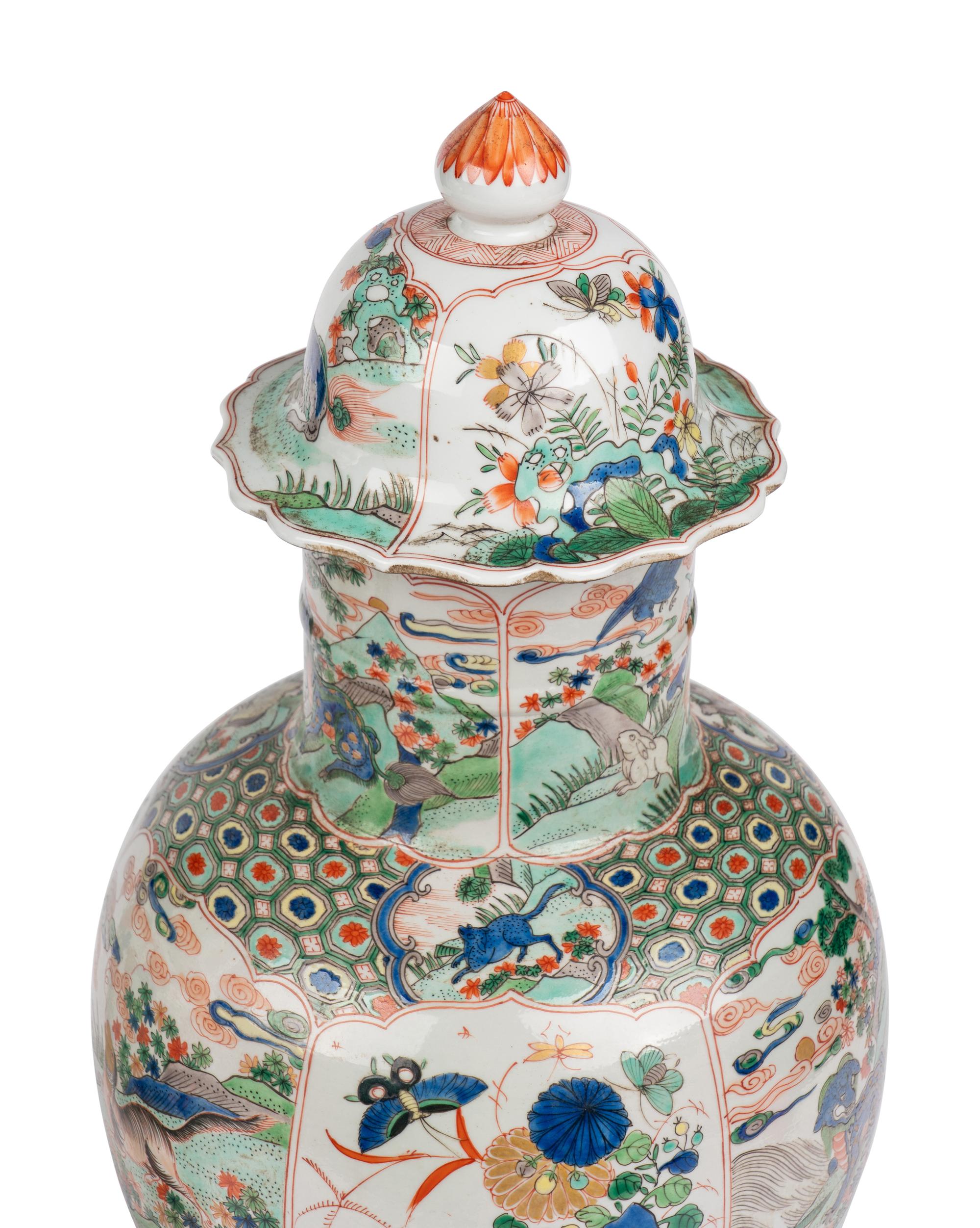 A Pair of Chinese Export Famille Verte Porcelain Vases and Covers
