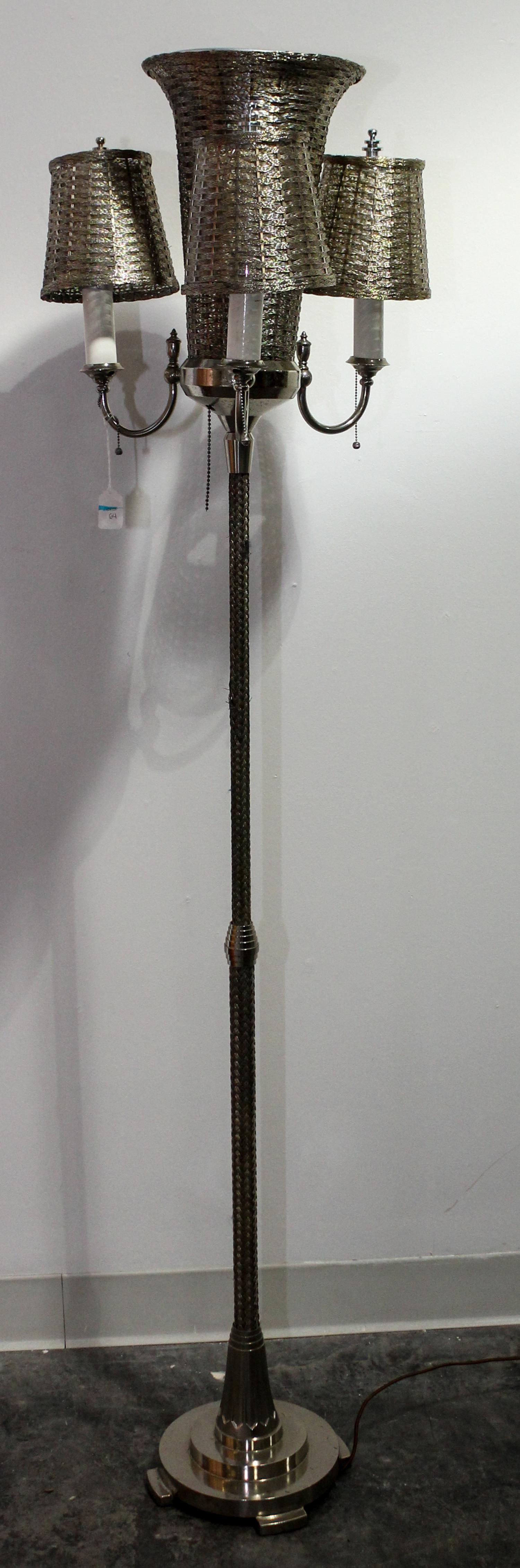 An Art Deco Woven-Metal Four Light Torchiere
