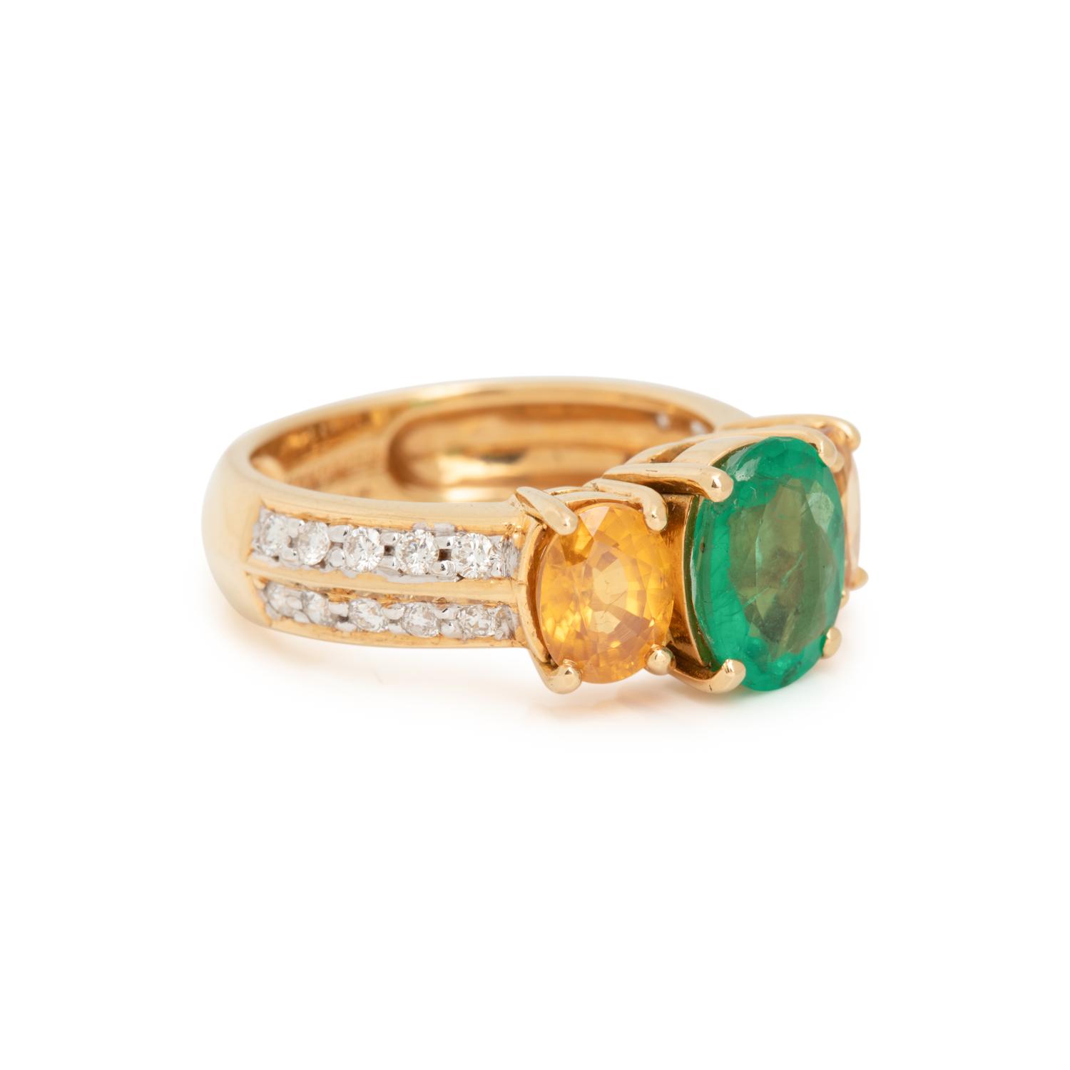 EMERALD, YELLOW SAPPHIRE AND DIAMOND RING