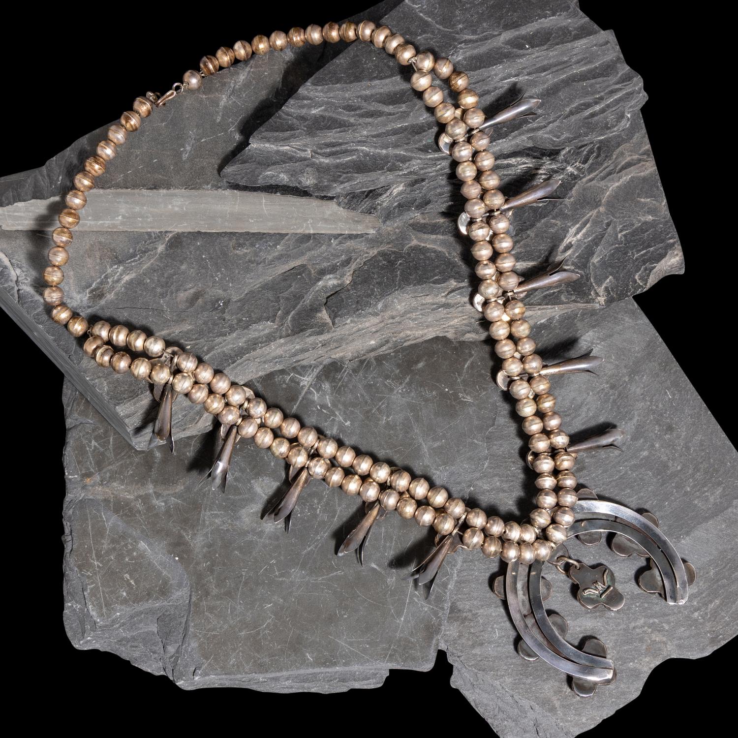 Navajo Silver and Coral Squash Blossom Necklace