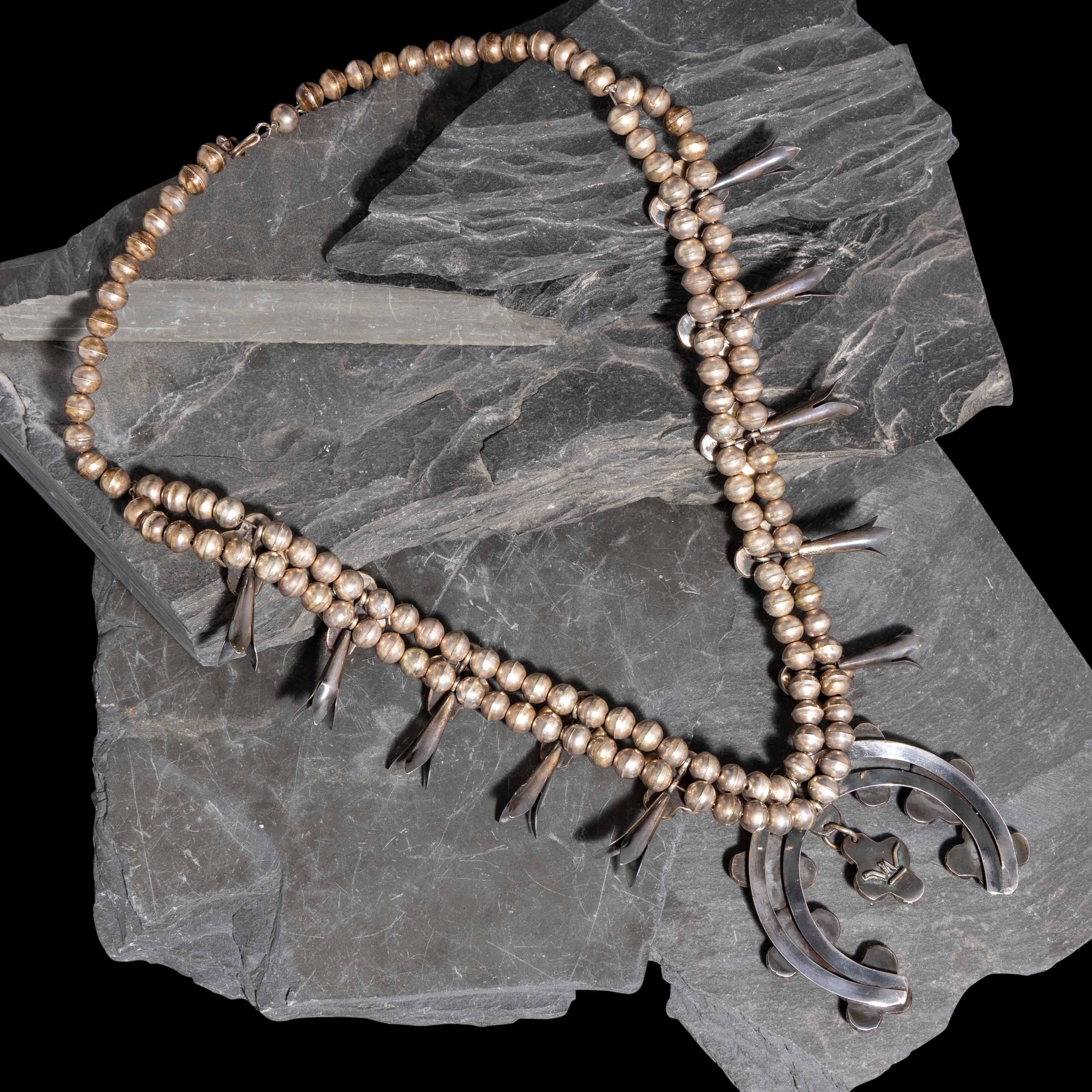 Navajo Silver and Coral Squash Blossom Necklace