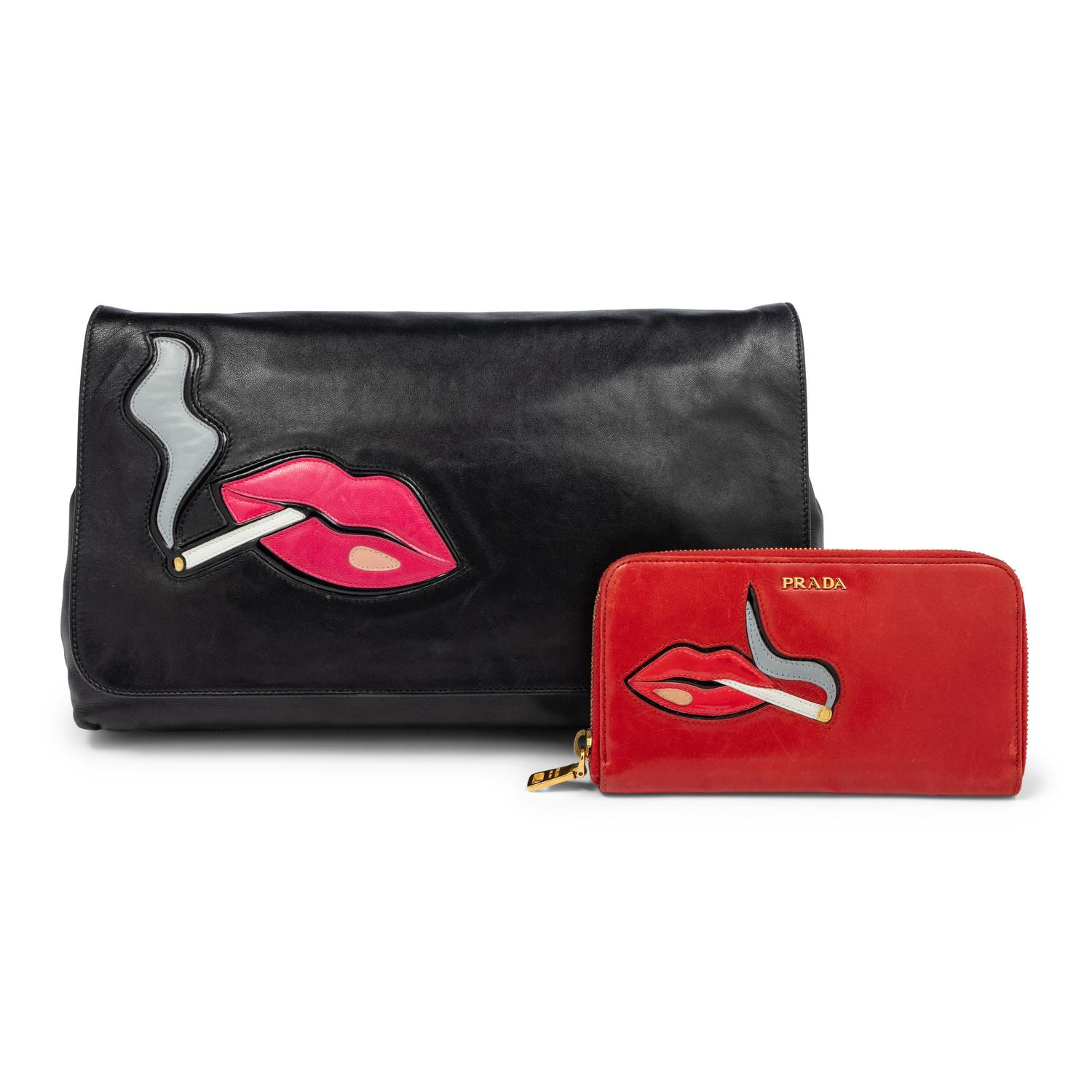 PRADA, SMOKING LIPS LEATHER CLUTCH & WALLET