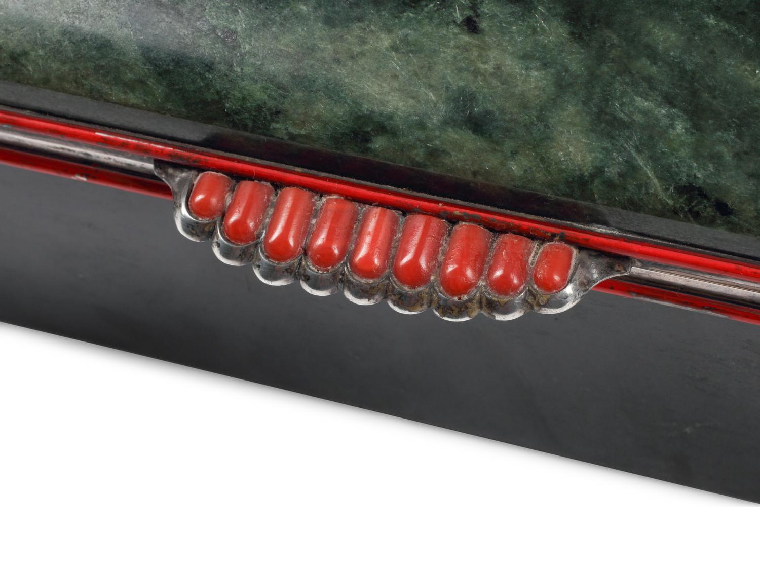 A Large Nephrite Box with Diamond, Coral and Sapphire Inlay